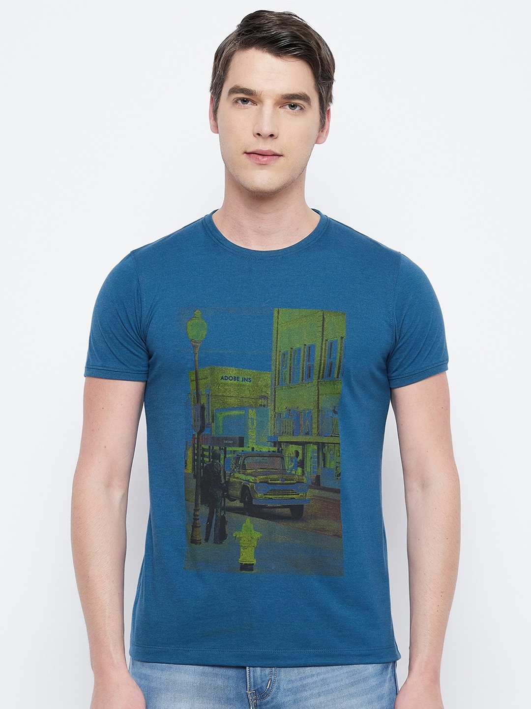 

Adobe Men Blue & Green Printed Round Neck Cotton T-shirt