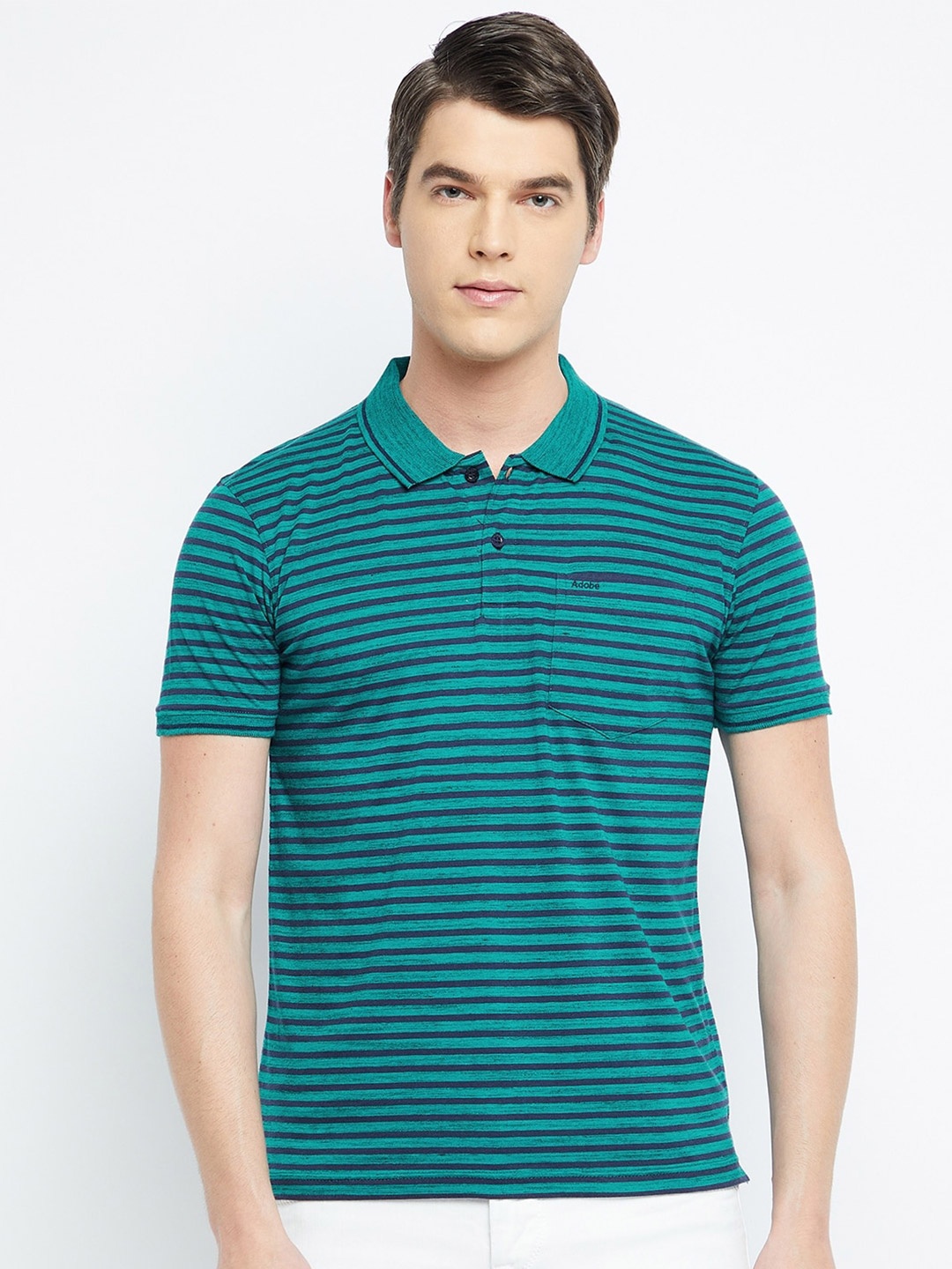 

Adobe Men Teal & Black Striped Polo Collar Cotton T-shirt