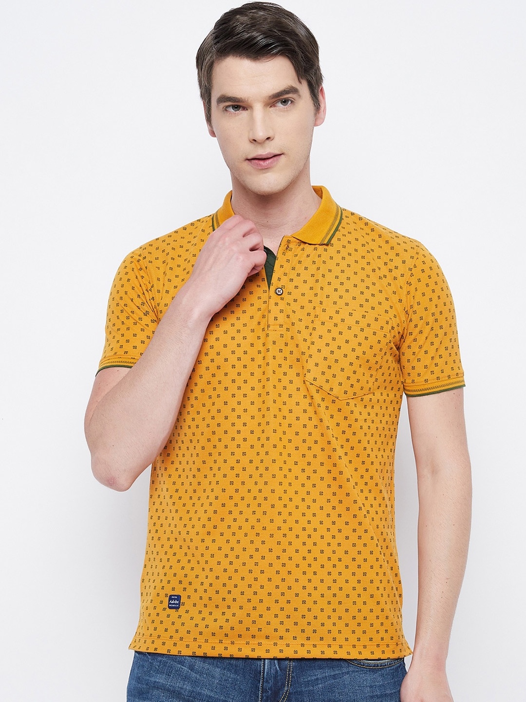 

Adobe Men Mustard Yellow Printed Polo Collar T-shirt