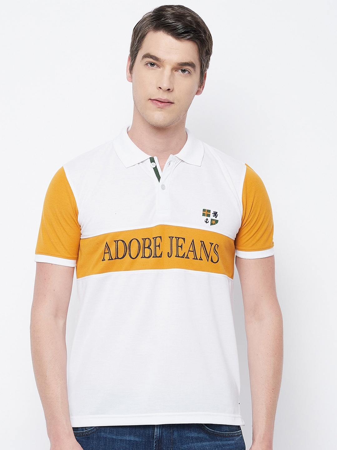 

Adobe Men White Colourblocked Polo Collar T-shirt