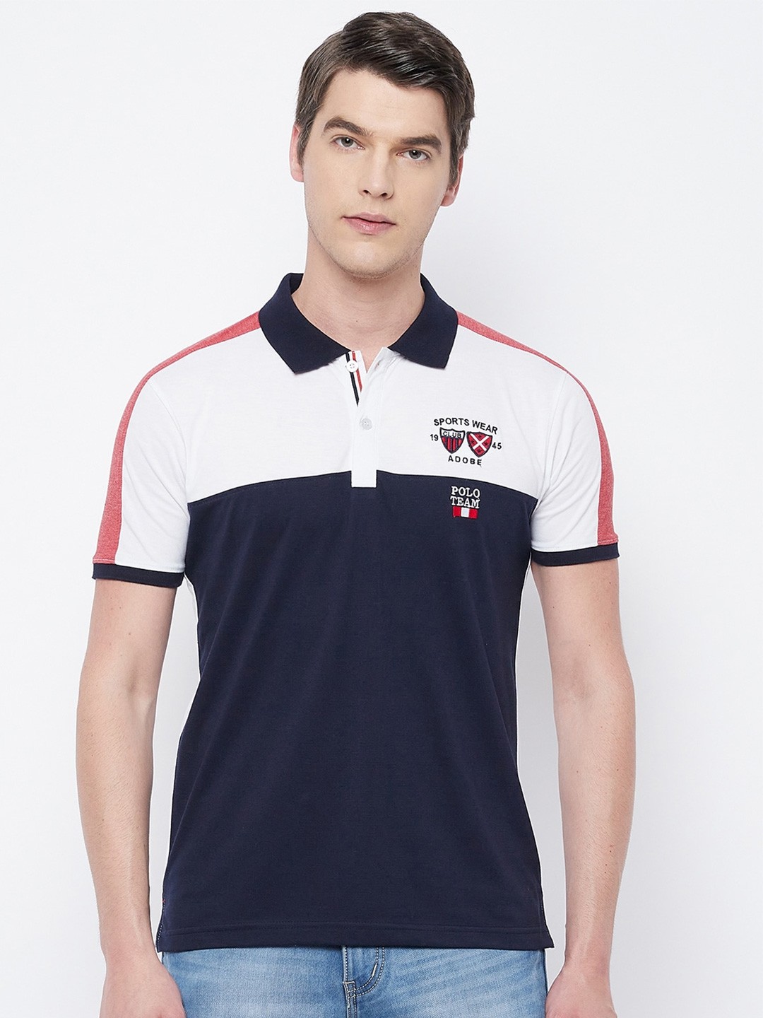 

Adobe Men Navy Blue Colourblocked Polo Collar T-shirt