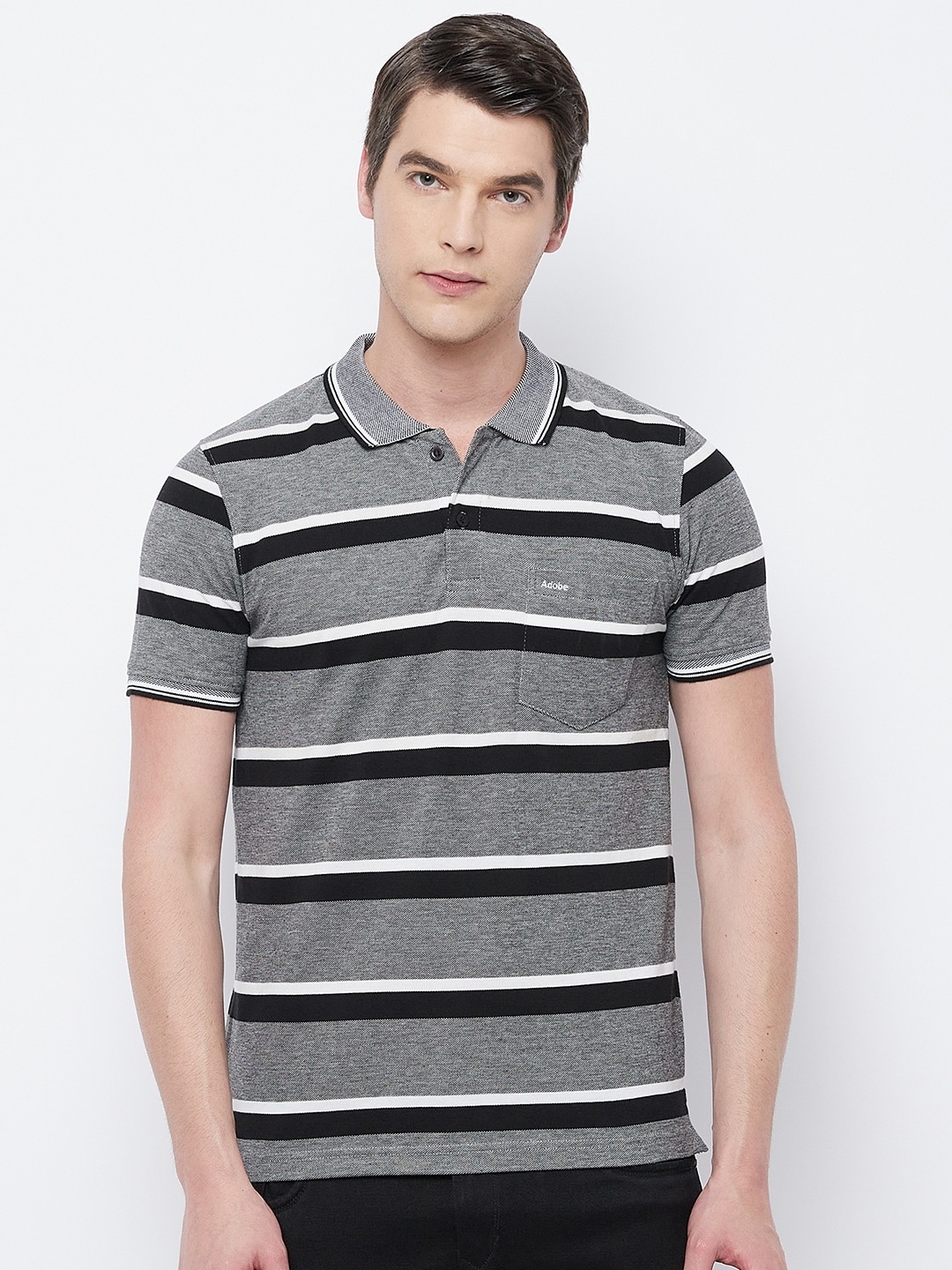 

Adobe Men Black & Grey Striped Polo Collar T-shirt