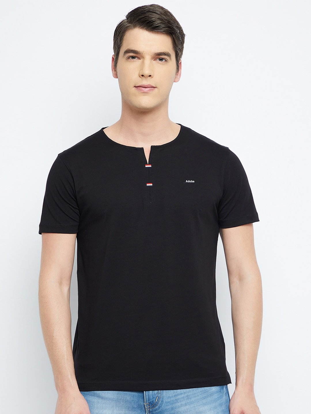 

Adobe Men Black Henley Neck T-shirt