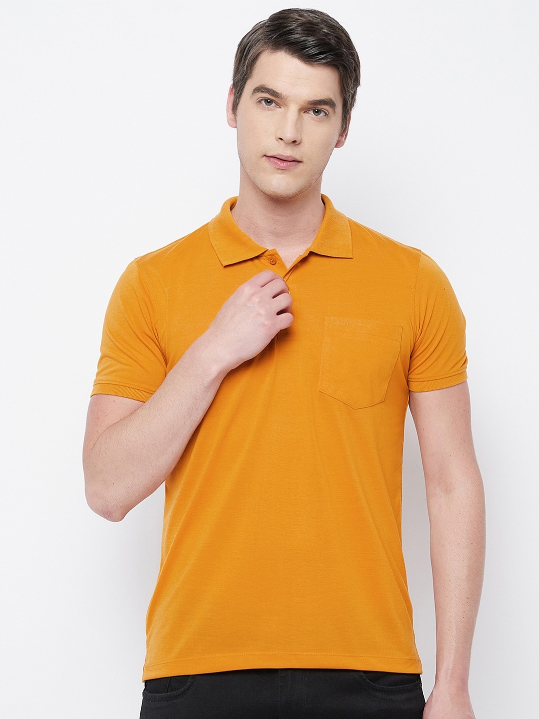 

Adobe Men Mustard Yellow Solid Polo Collar T-shirt