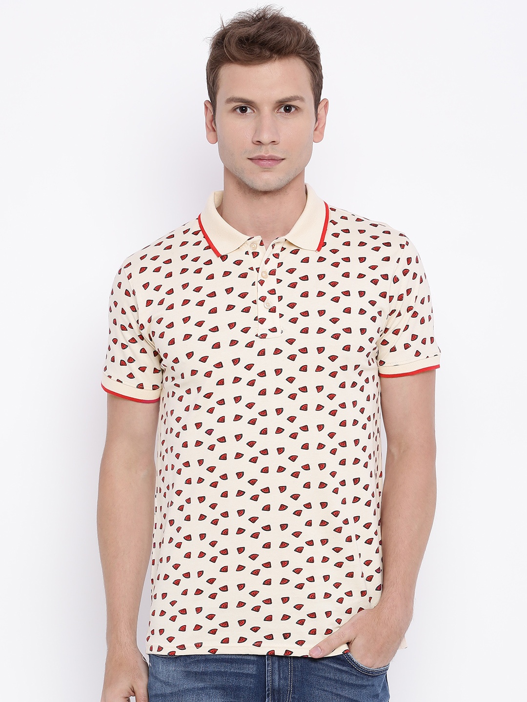 

Indigo Nation Men Beige Printed Polo Pure Cotton T-shirt