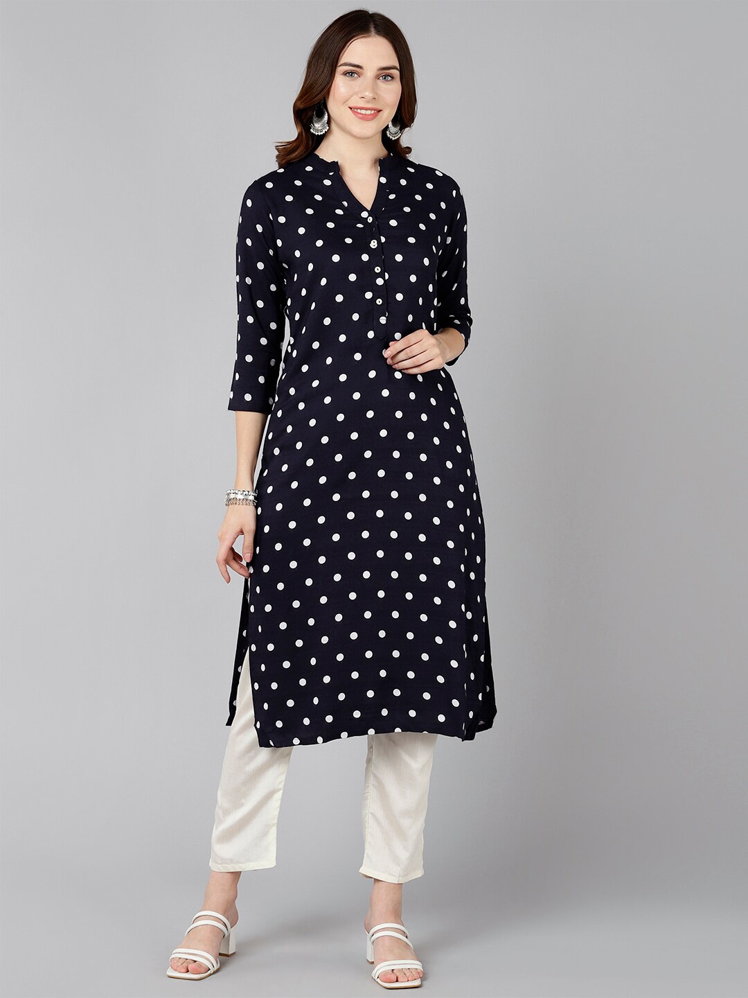 

Bani Women Navy Blue & White Printed Liva Kurta