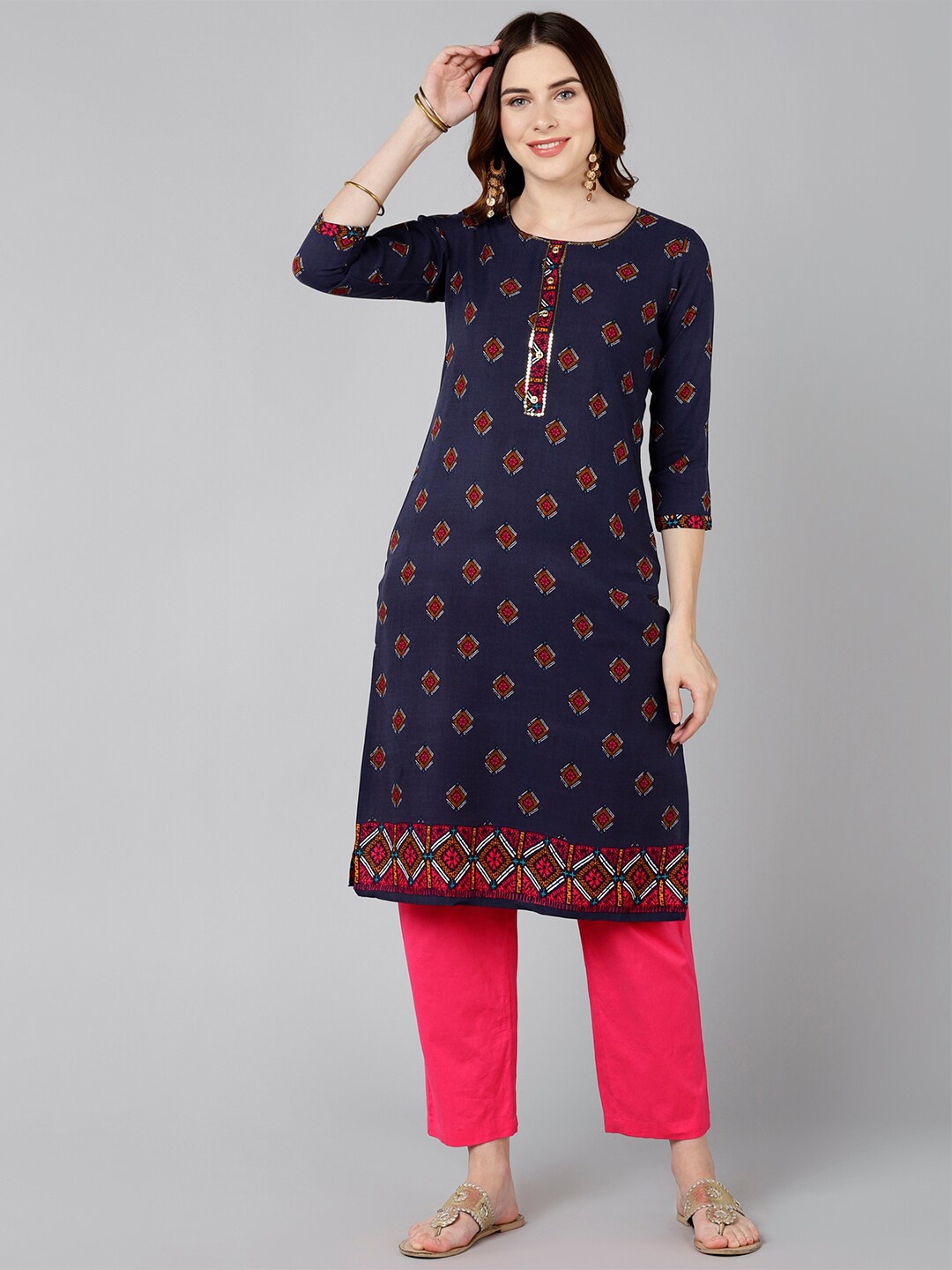 

Bani Women Navy Blue & Red Ethnic Motifs Printed Liva Kurta