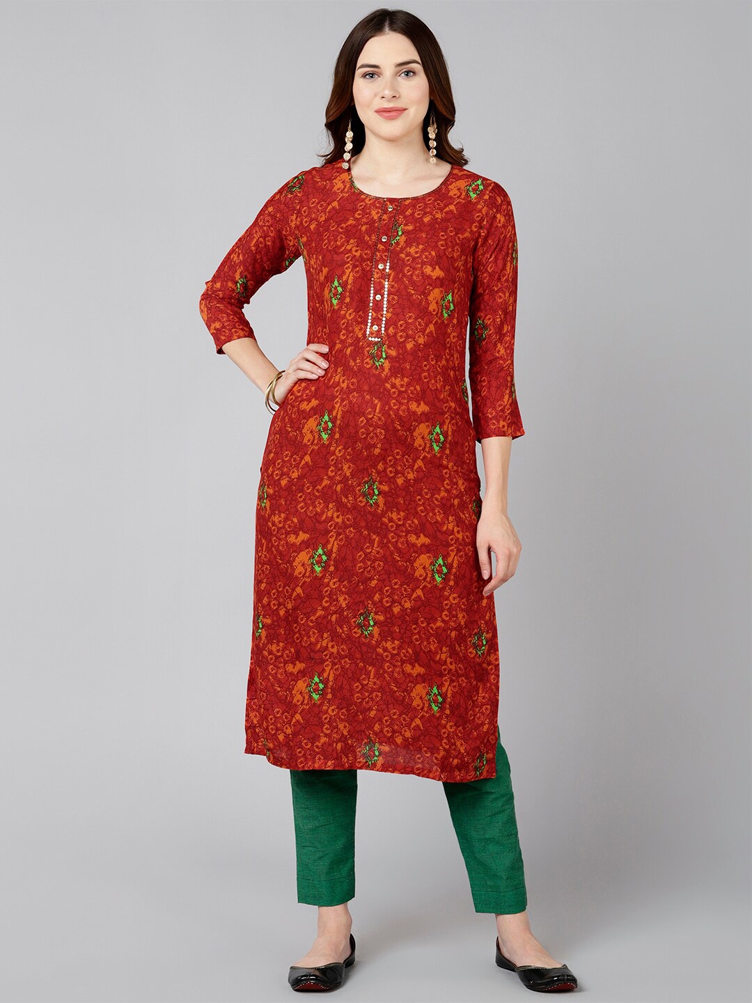 

Bani Women Red & Green Bandhani Printed Kurta