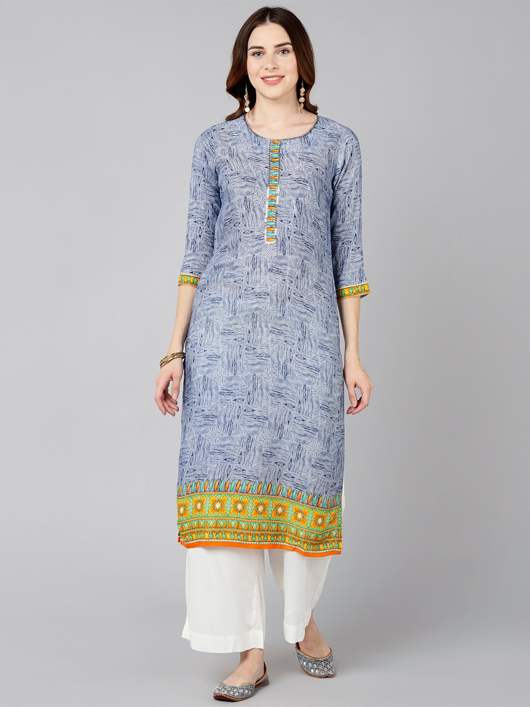 

Bani Women Grey & Orange Printed Liva Kurta