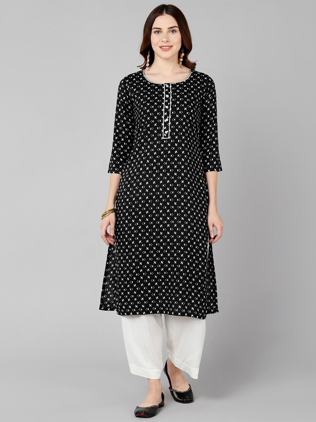 

Bani Women Black & White Geometric Printed Liva Kurta