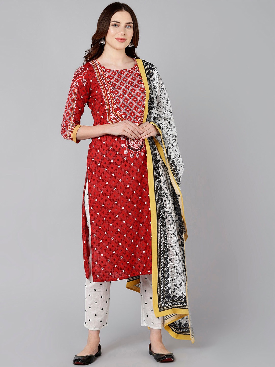 

Bani Women Red & White Printed Liva Kurta with Trousers & With Dupatta