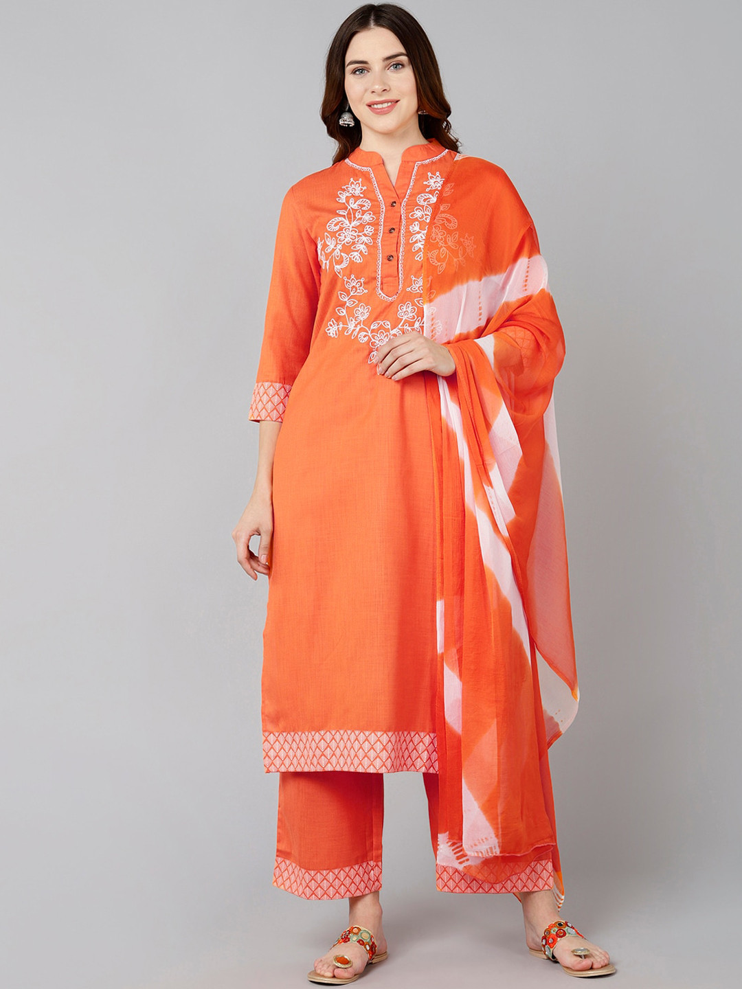 

Bani Women Orange Floral Embroidered Liva Kurta with Palazzos & With Dupatta