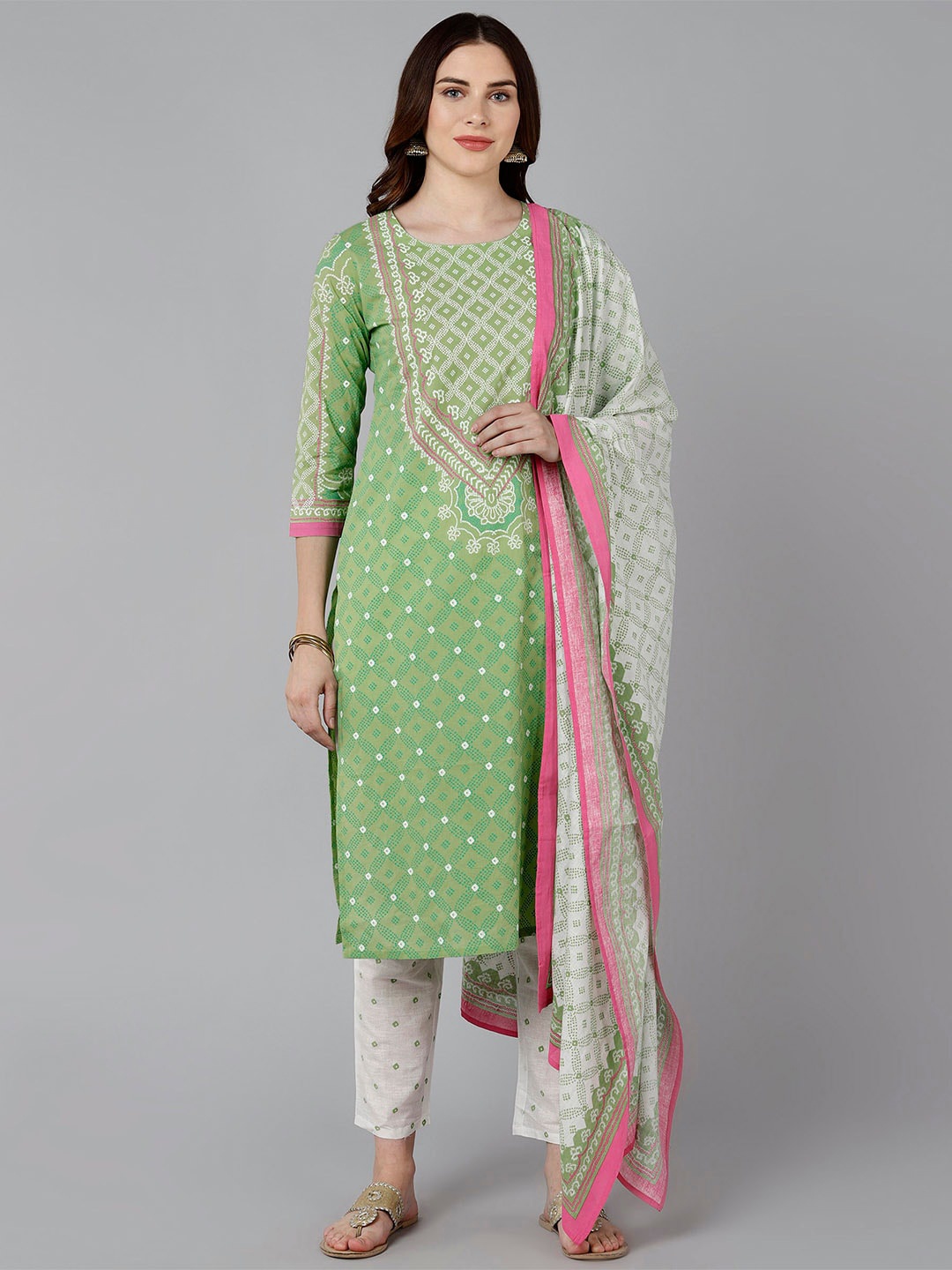 

Bani Women Green Printed Panelled Liva Kurta with Trousers & With Dupatta