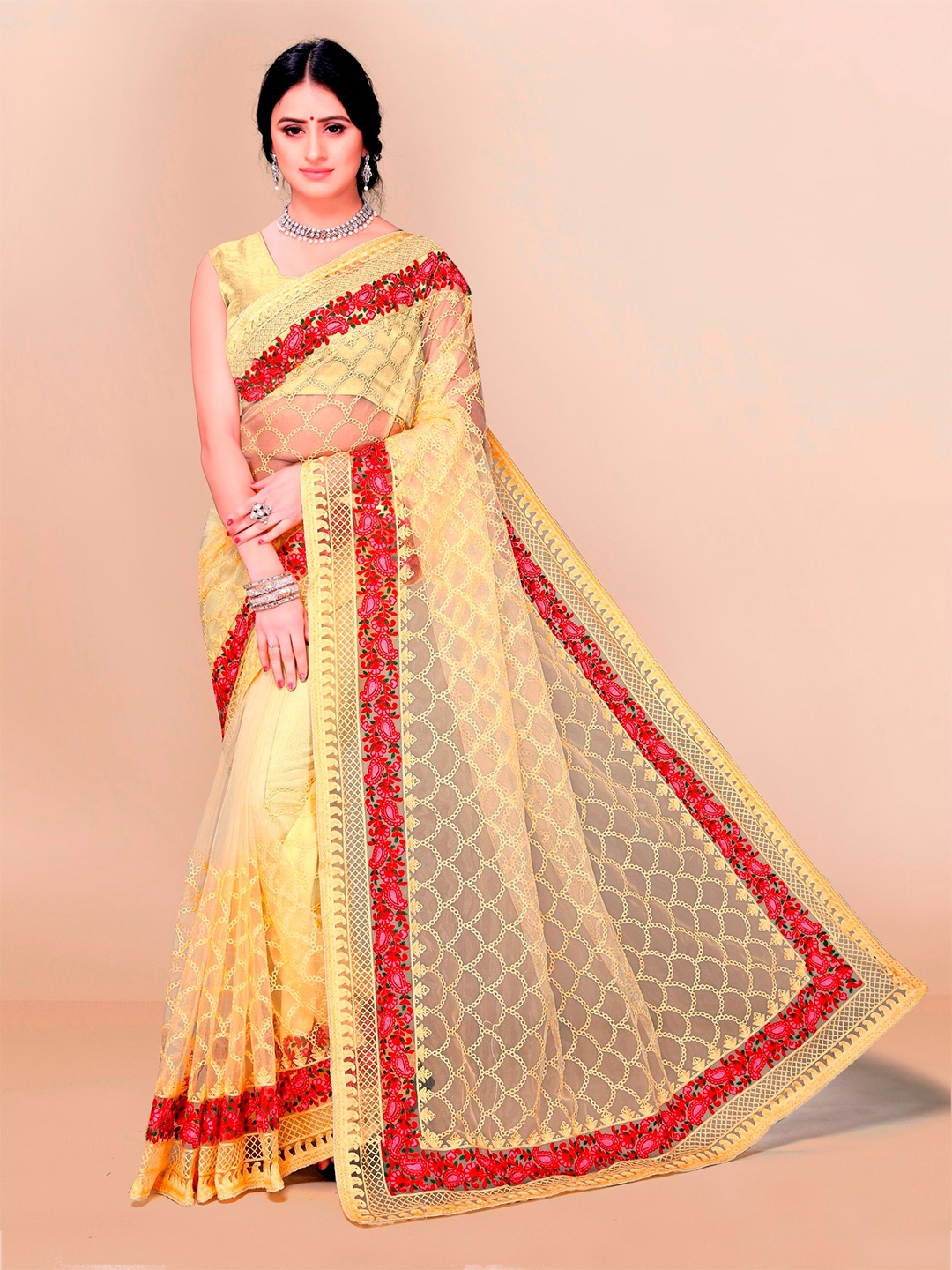 

VAIRAGEE Yellow & Red Floral Net Saree