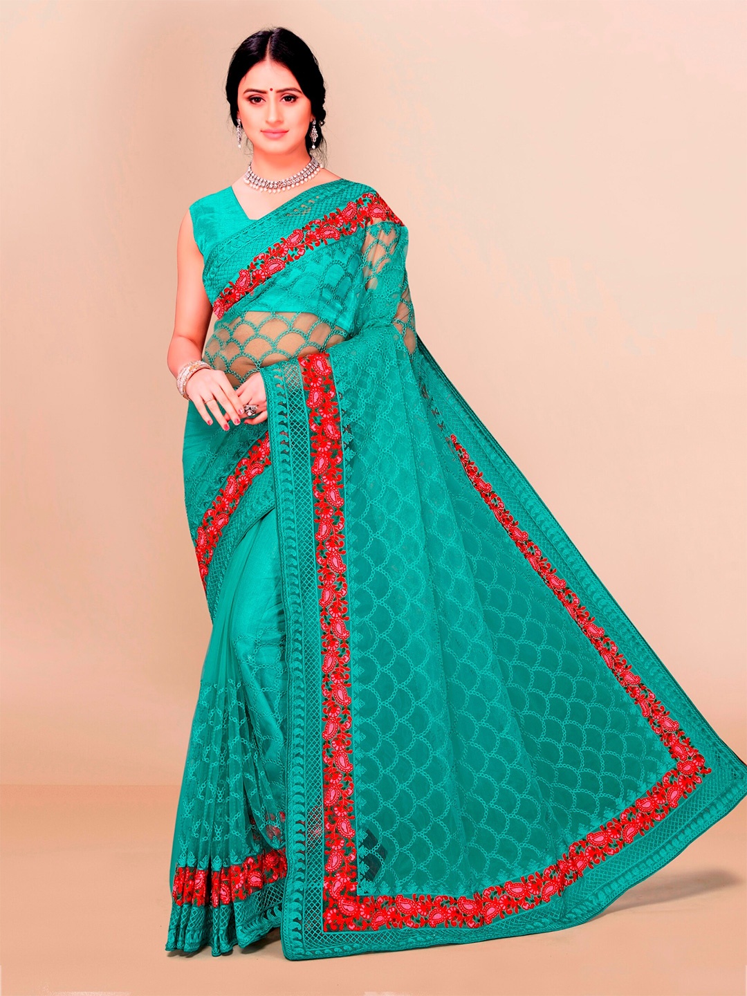 

VAIRAGEE Teal & Red Woven Design Net Saree