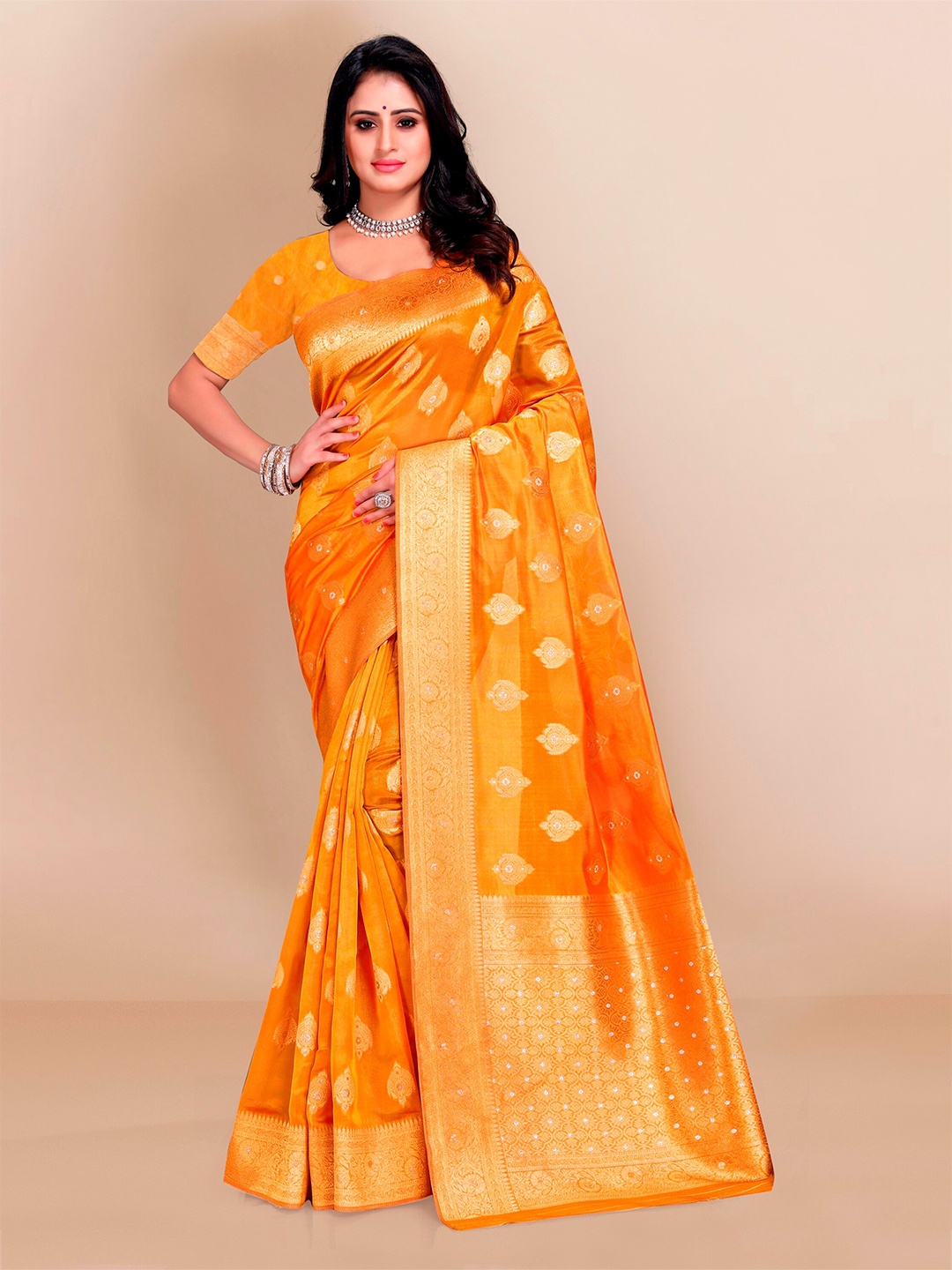 

VAIRAGEE Yellow & Golden Ethnic Motifs Organza Banarasi Saree