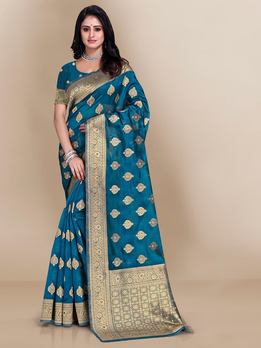 

VAIRAGEE Blue & Gold-Toned Ethnic Motifs Banarasi Saree