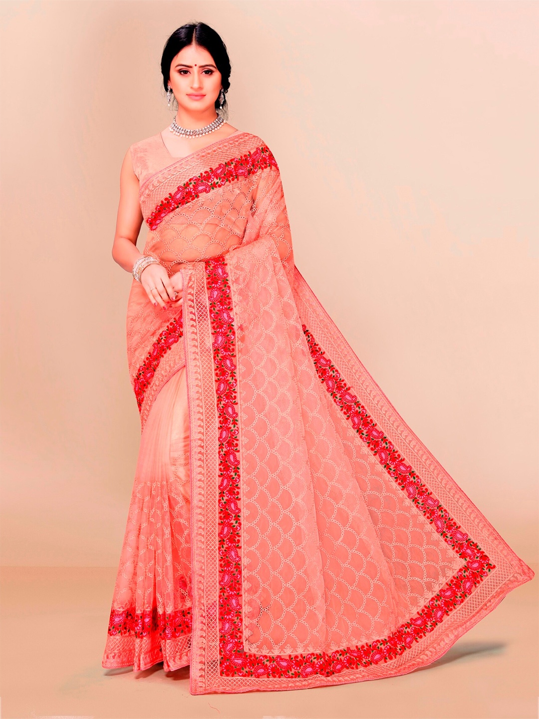 

VAIRAGEE Peach-Coloured & Red Floral Embroidered Net Saree