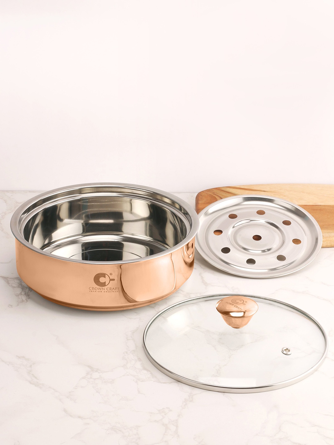 

Crown Craft Copper & Stainless Steel Solid Roti Casserole With Glass Lid