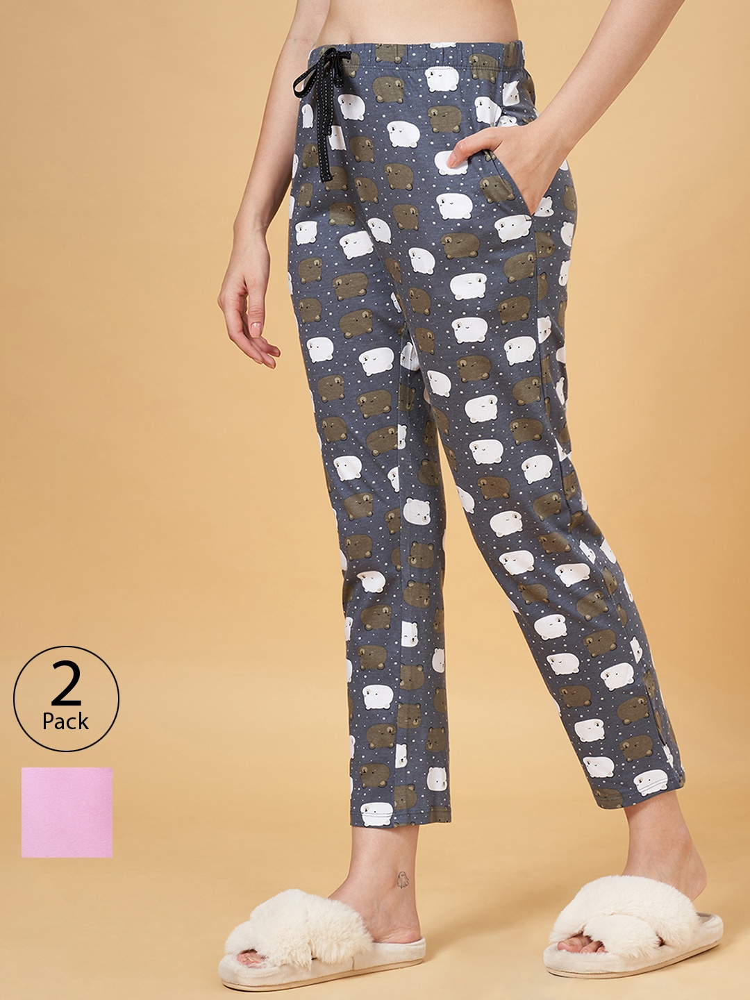 

Dreamz by Pantaloons Women Pack of 2 Printed Cotton Lounge Pants, Grey