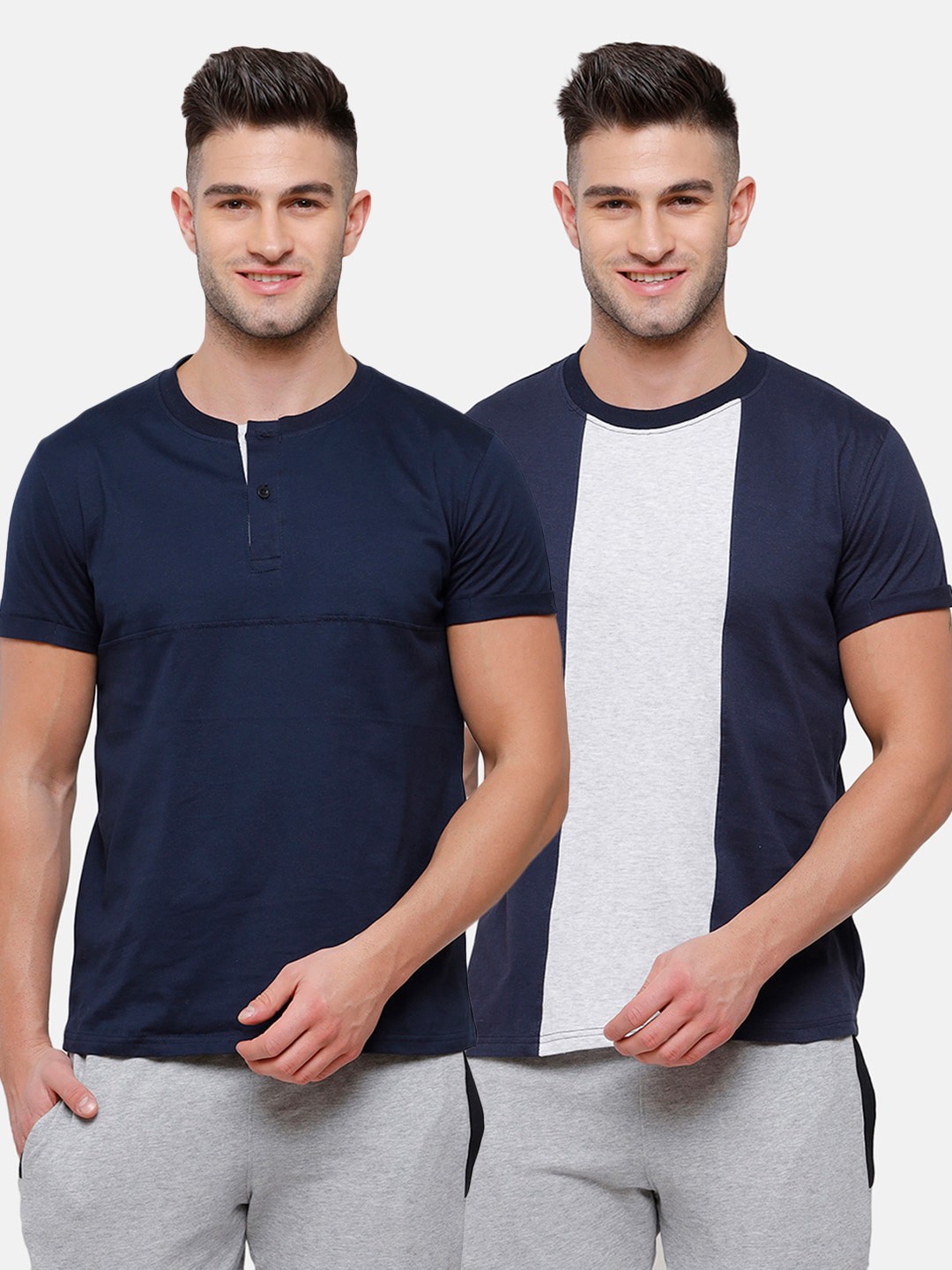 

MADSTO Men Navy Blue Set Of 2 Henley Neck Slim Fit T-shirt
