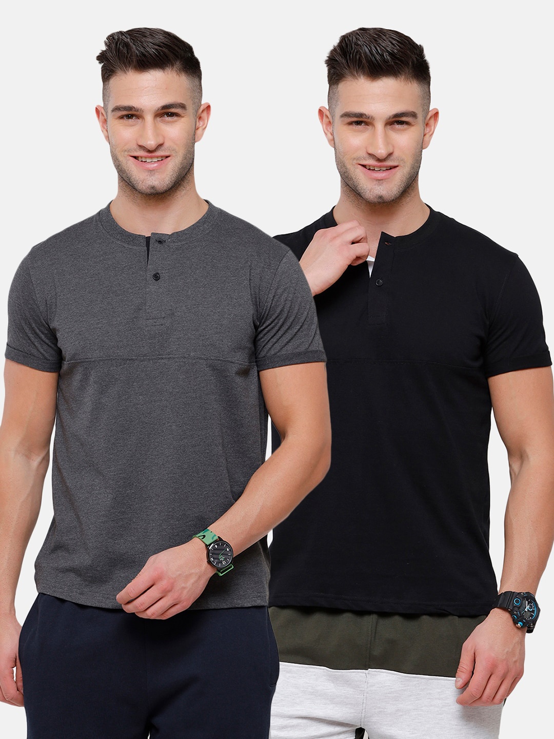 

MADSTO Men Charcoal & Black Set Of 2 Henley Neck Cotton Slim Fit T-shirt