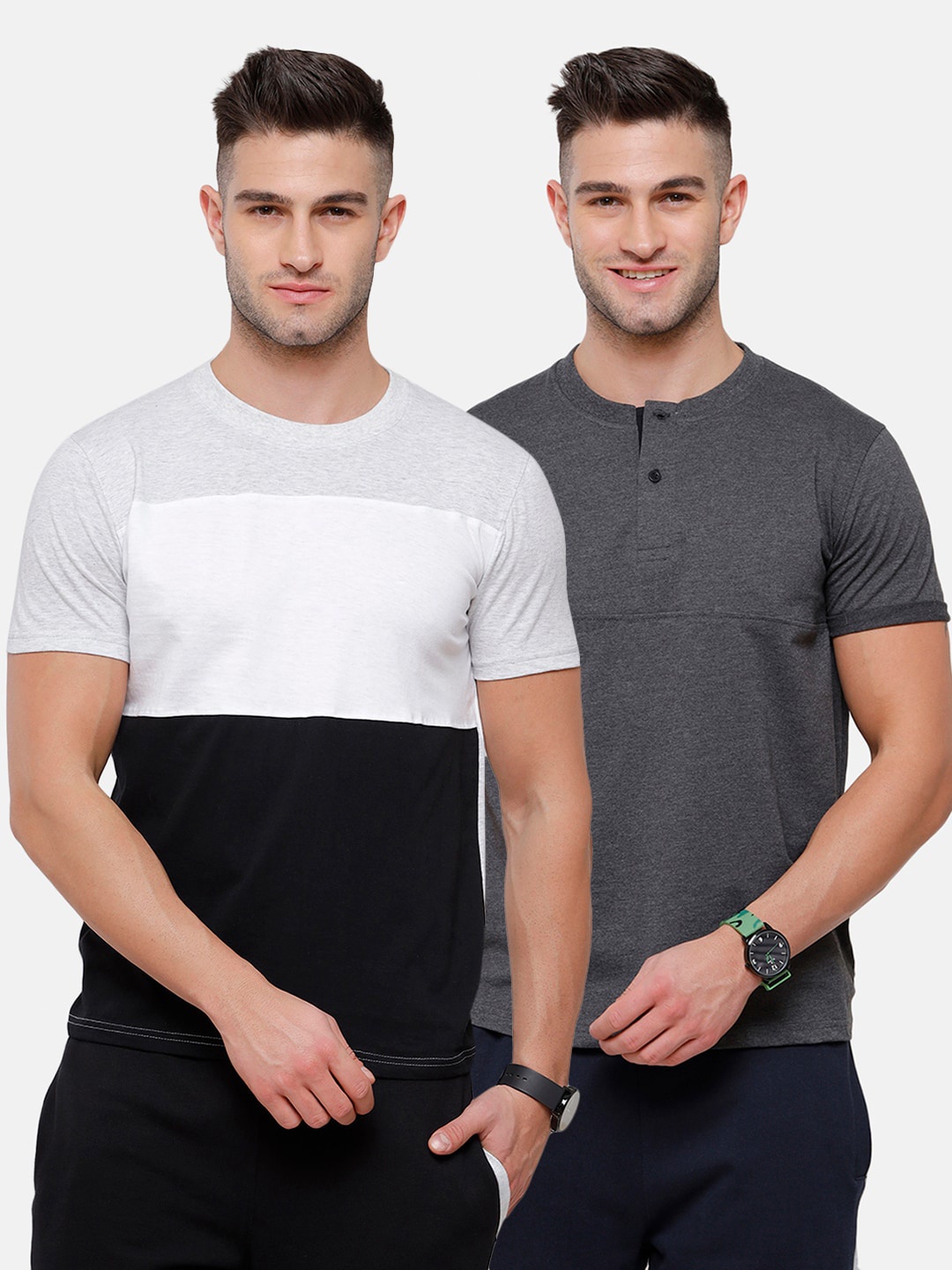 

MADSTO Men Grey & White Pack of 2 Colourblocked Henley Neck Slim Fit T-shirt