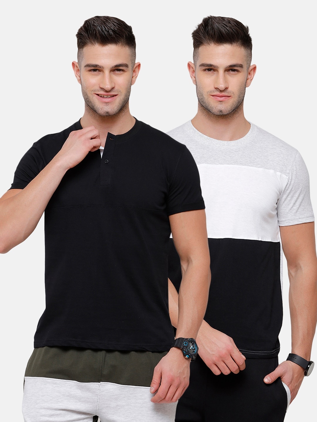 

MADSTO Men Black Pack of 2 Henley Neck Slim Fit T-shirt