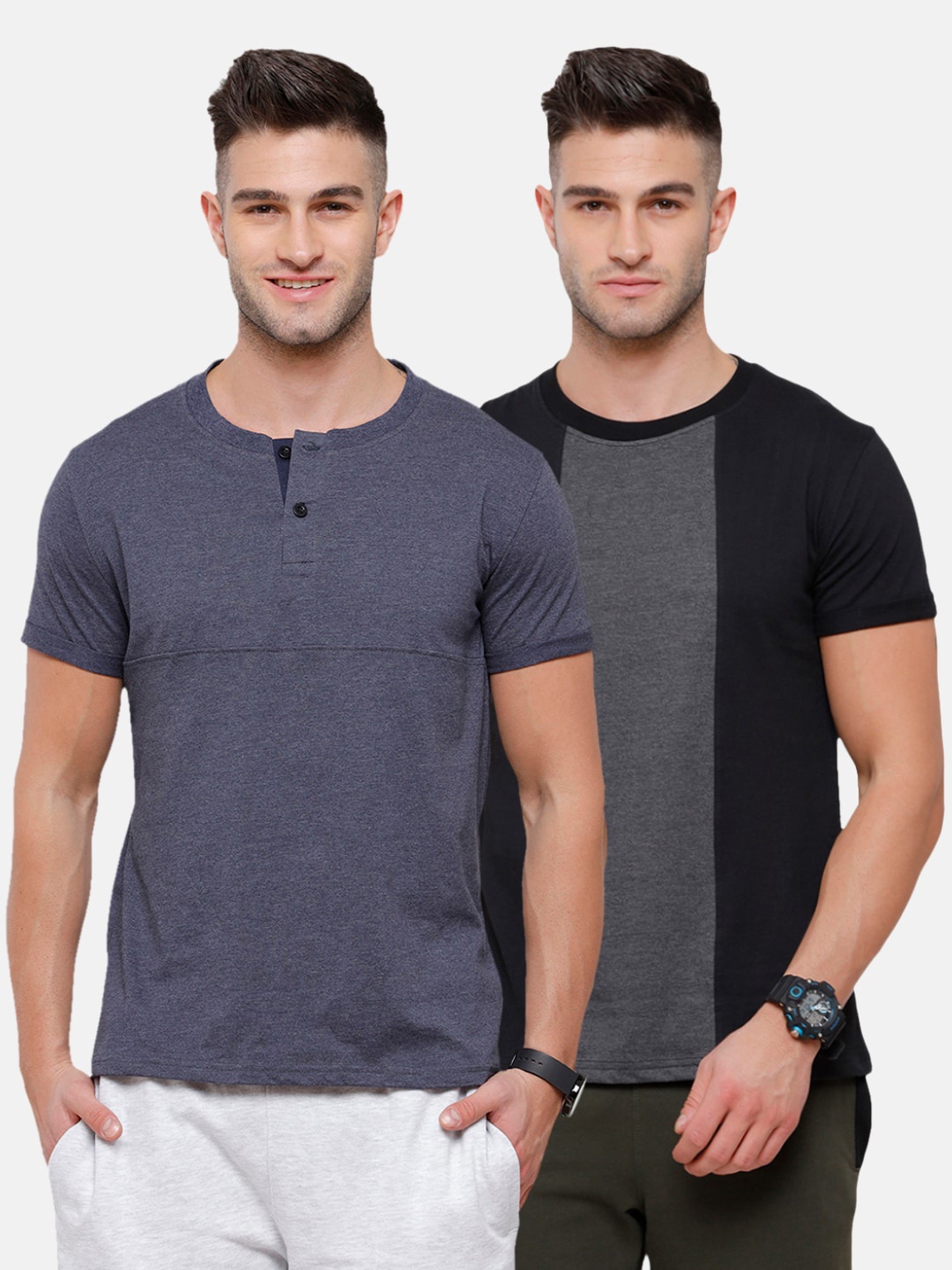 

MADSTO Men Black & Blue Pack Of 2 Henley Neck Slim Fit T-shirt