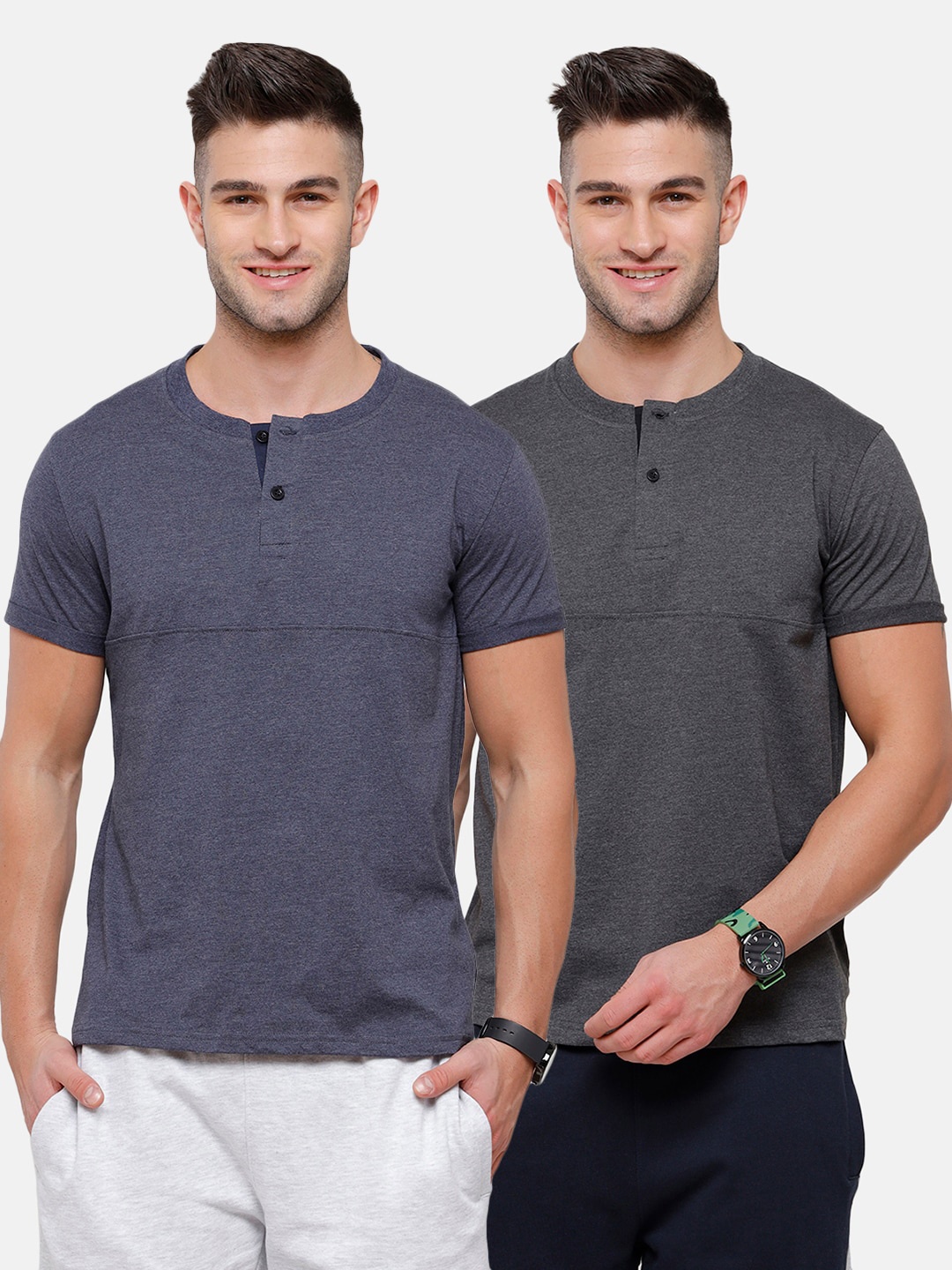 

MADSTO Men Navy Blue & Charcoal Set Of 2 Henley Neck Slim Fit T-shirt