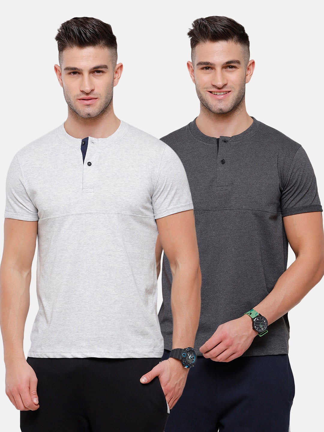 

MADSTO Men Pack Of 2 White & Grey Henley Neck Cotton Slim Fit T-shirt