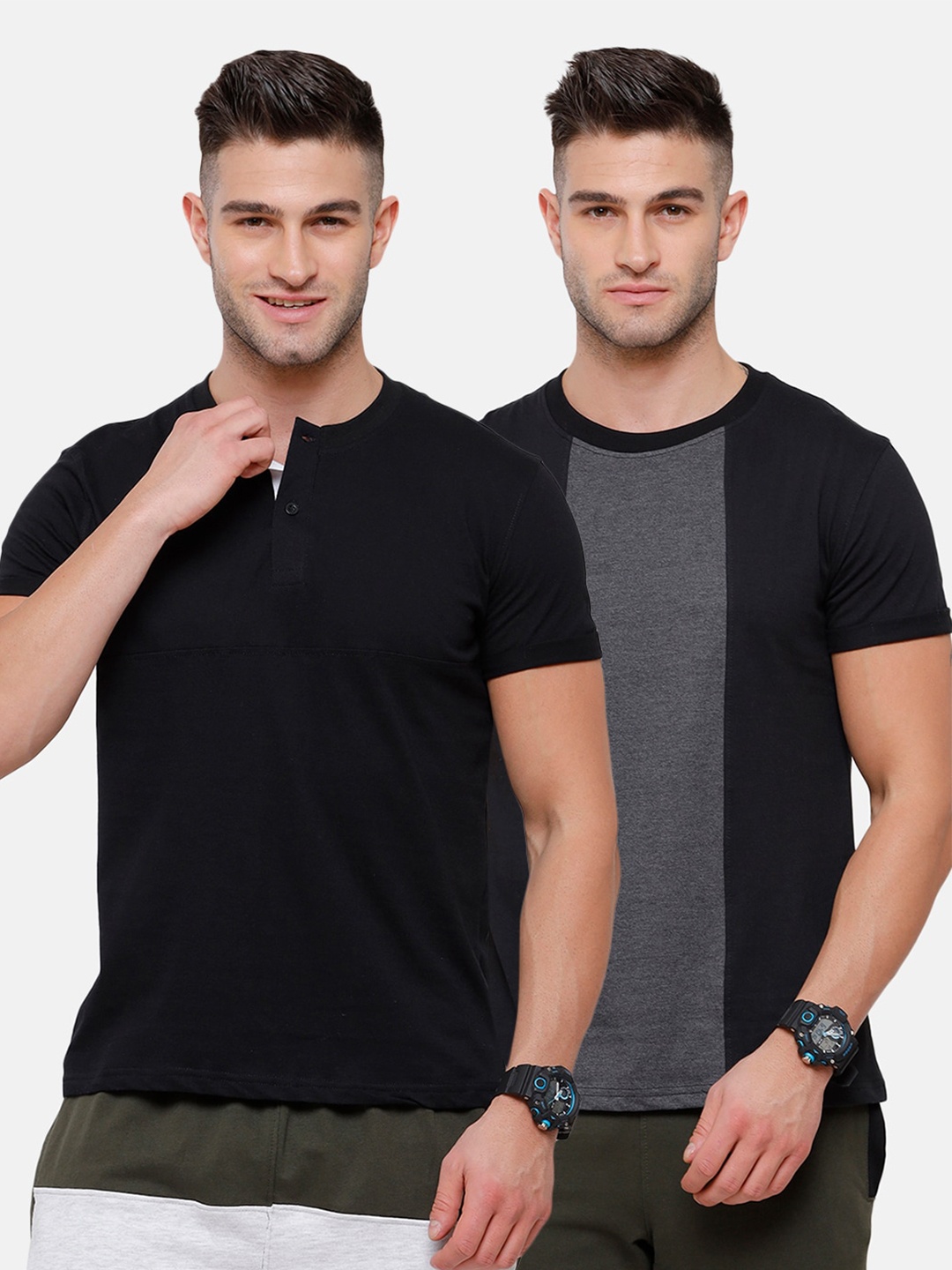 

MADSTO Men Black & Charcoal Set Of 2 Slim Fit Cotton T-shirt