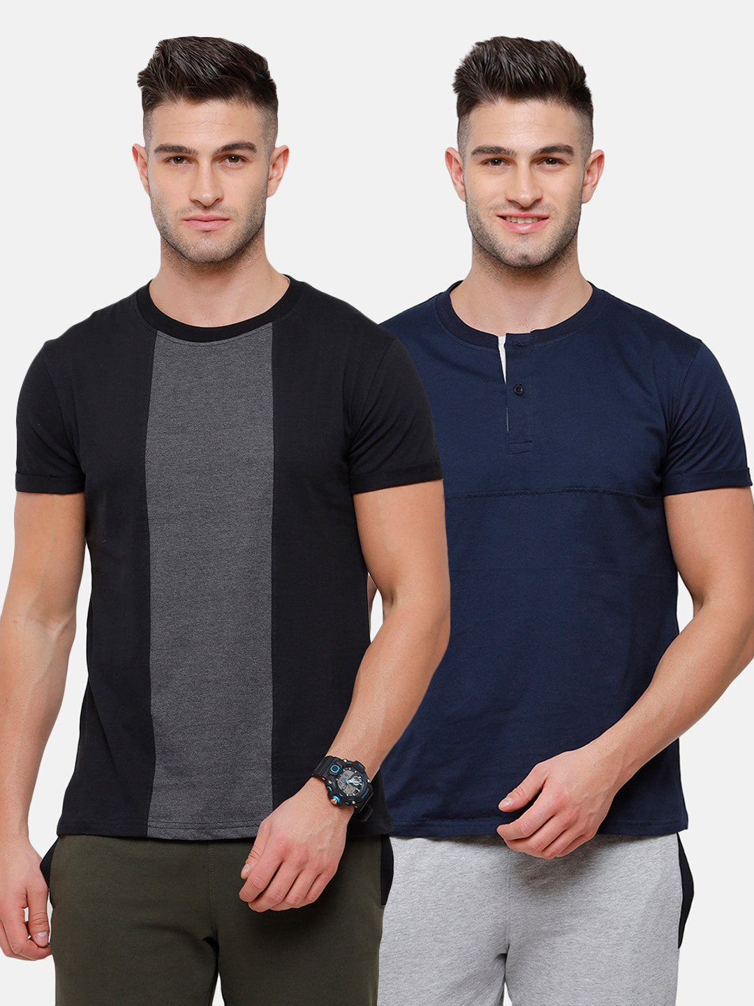 

MADSTO Men Navy Blue & Black Pack of 2 Colourblocked Slim Fit T-shirt
