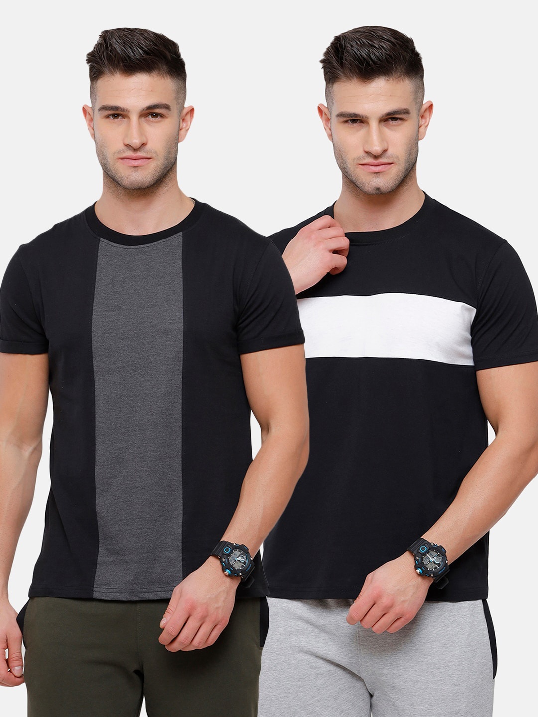 

MADSTO Men Black & Charcoal Set Of 2 Colourblocked Slim Fit T-shirt