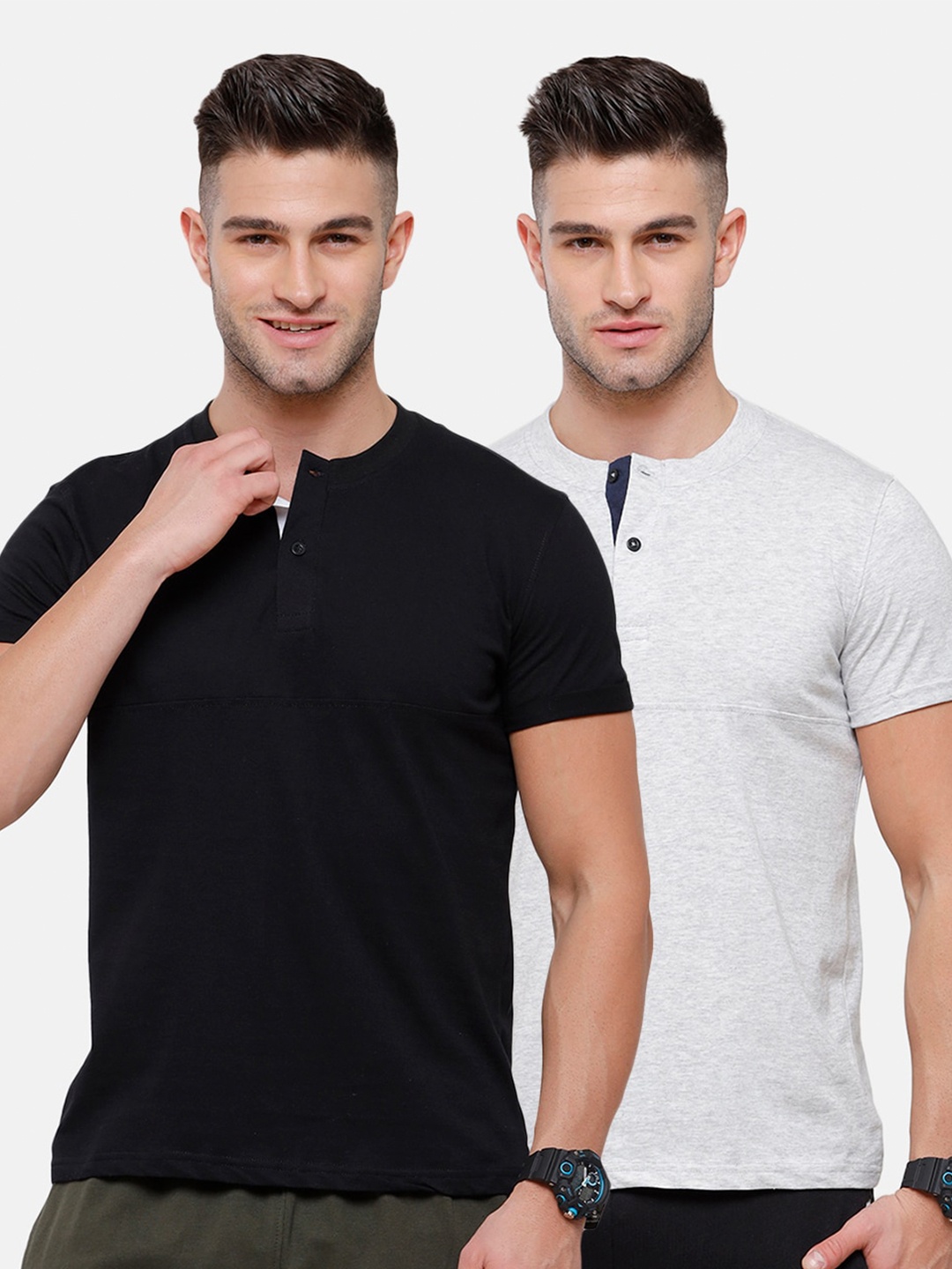 

MADSTO Men Black & White Pack of 2 Henley Neck Slim Fit T-shirt