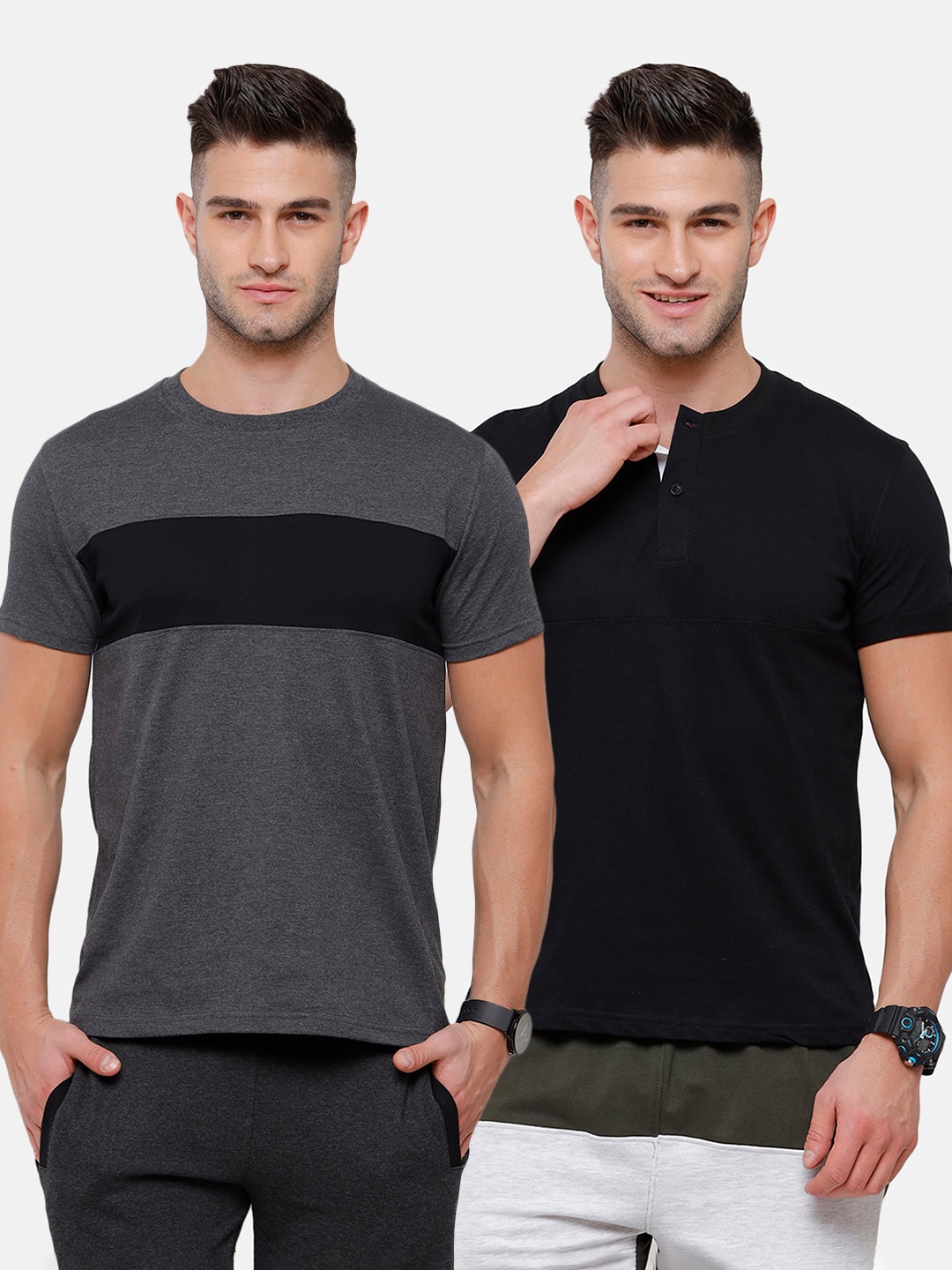 

MADSTO Men Charcoal & Black Pack Of 2 Colourblocked Slim Fit T-shirts