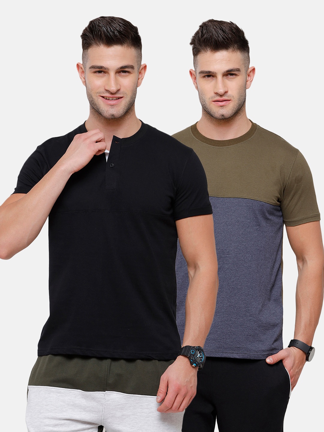 

MADSTO Men Black & Grey Pack of 2 Colourblocked Henley Neck Slim Fit T-shirt