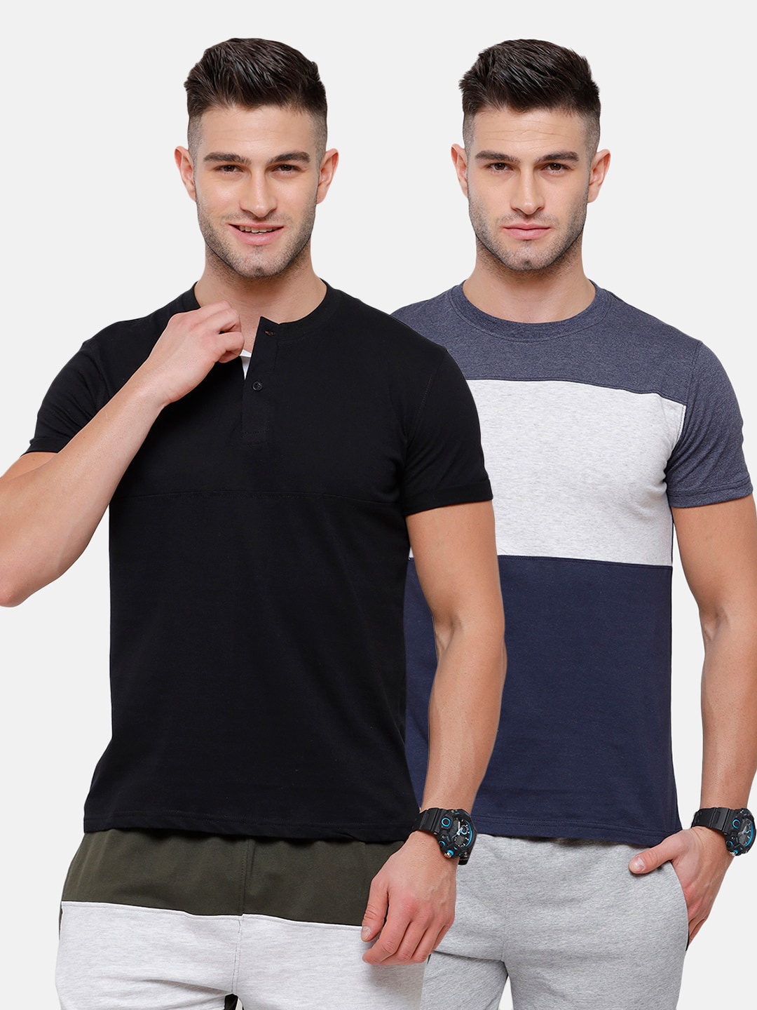 

MADSTO Men Black & Grey Pack of 2 Henley Neck Slim Fit T-shirt