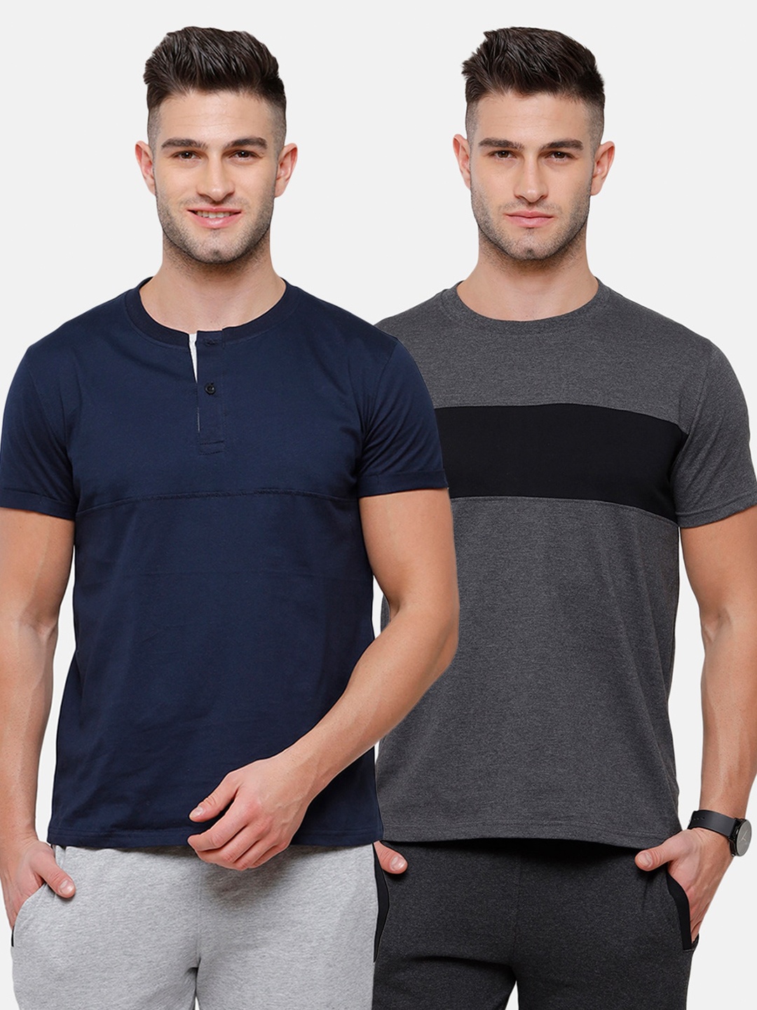 

MADSTO Men Navy Blue & Grey Striped Henley Neck Slim Fit T-shirt Pack Of 2