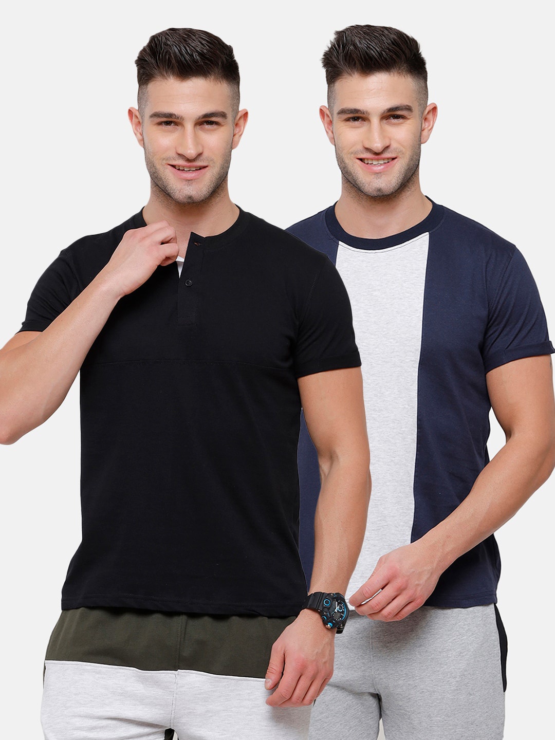 

MADSTO Men Black & Blue Pack Of 2 Henley Neck Slim Fit T-shirt
