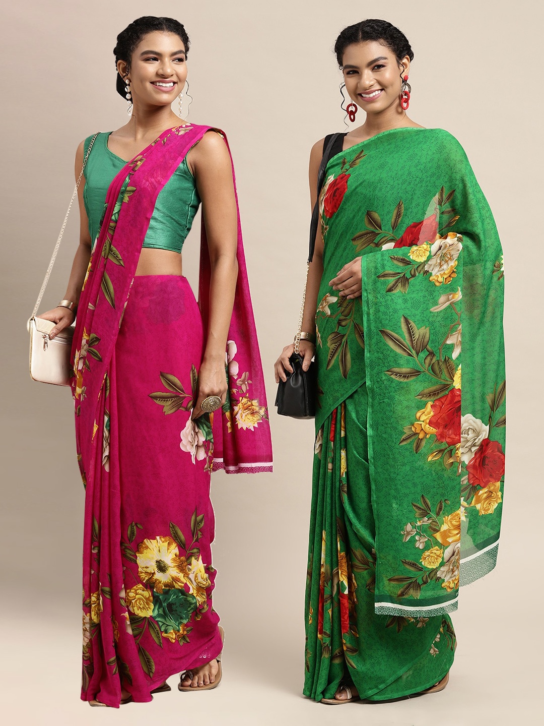 

KALINI Pack of 2 Fuchsia & Green Floral Sarees