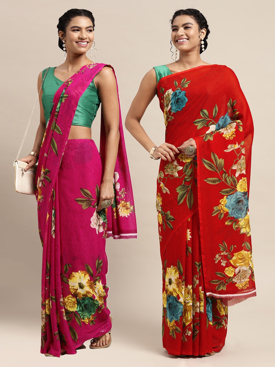 

KALINI Pack Of 2 Red & Pink Floral Printed Saree