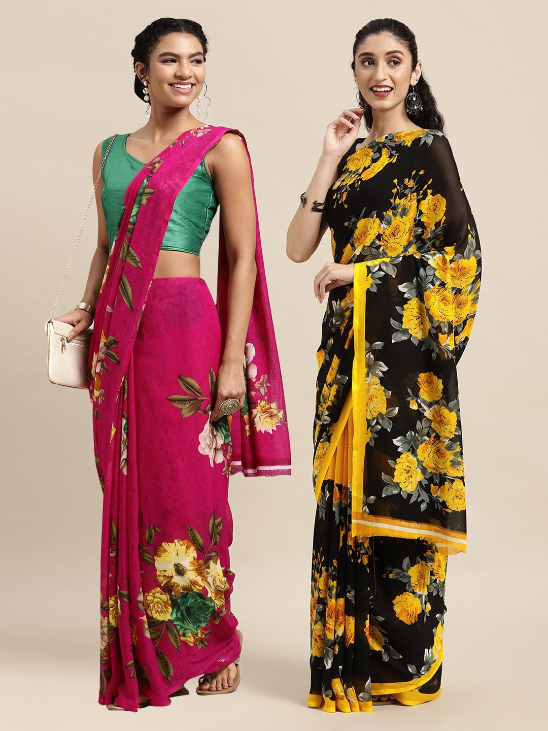

KALINI Pack of 2 Fuchsia & Black Floral Sarees