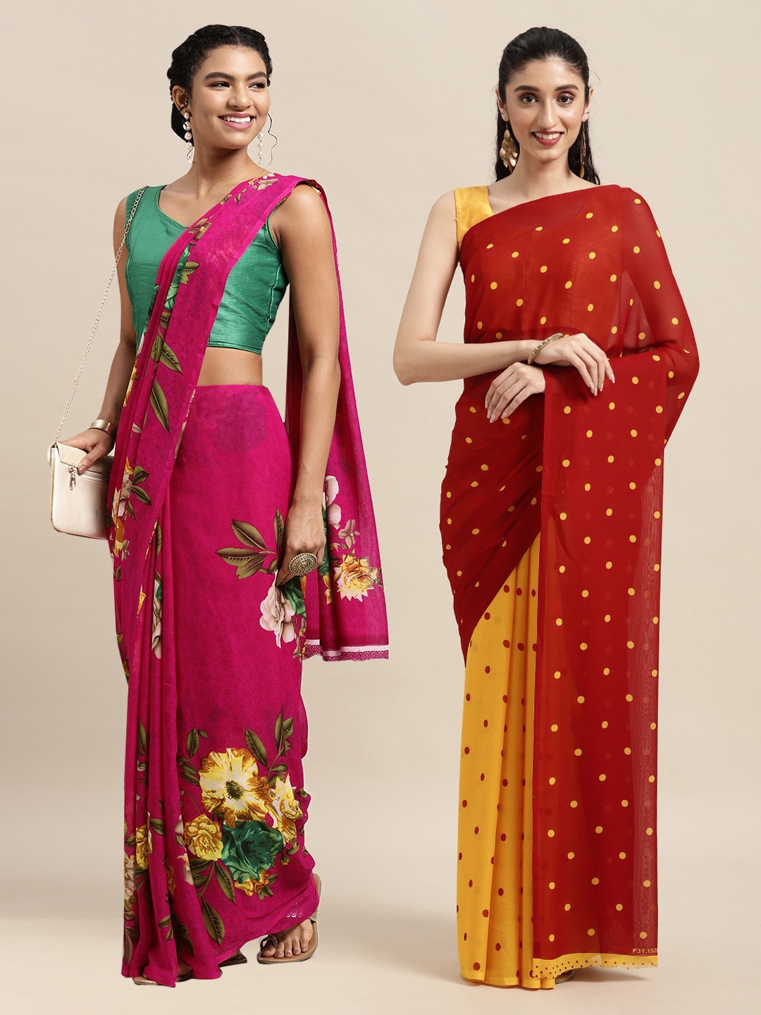 

KALINI Pink & Red Set of 2 Printed Saree