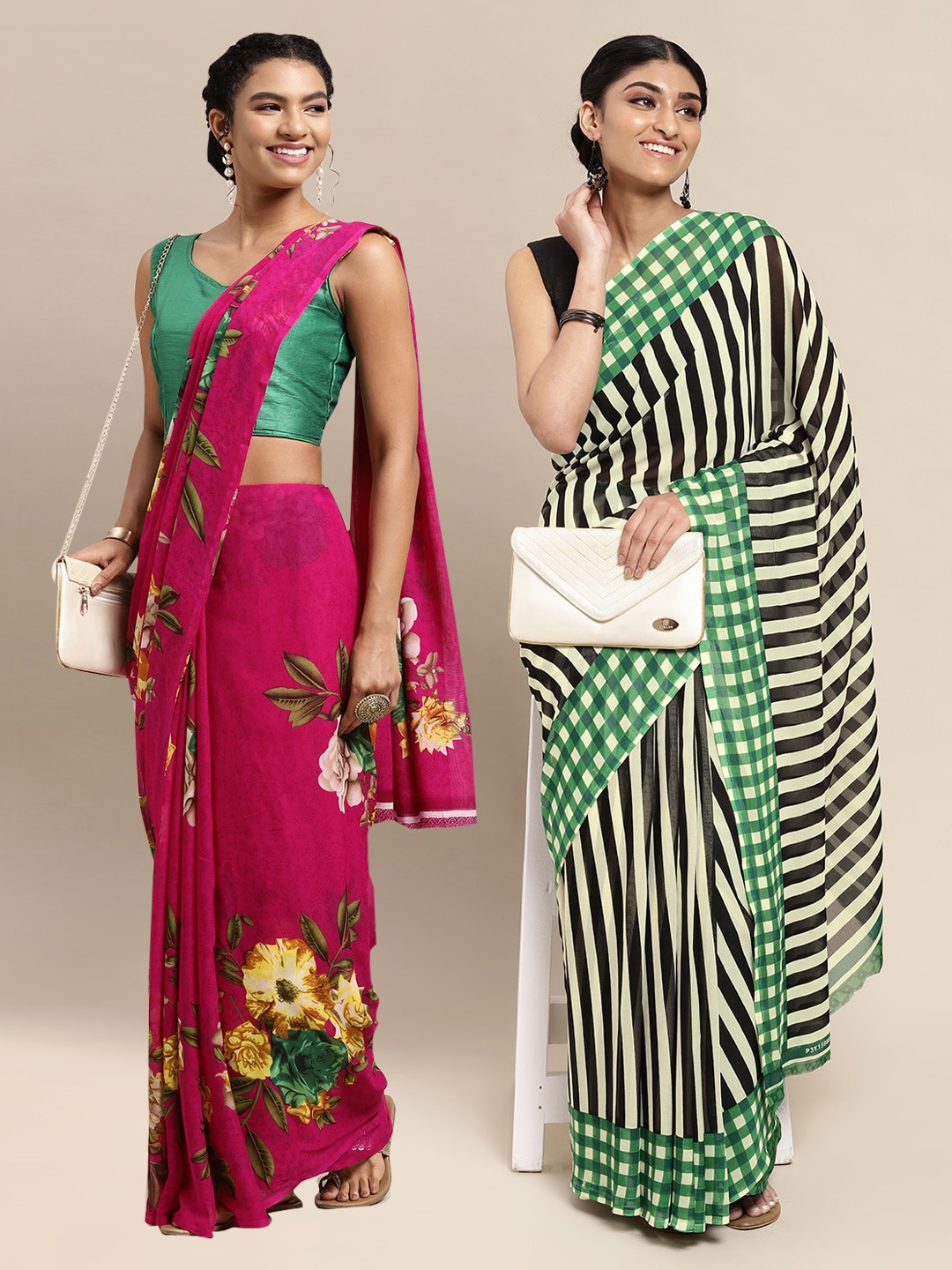 

KALINI Magenta & Green Set of 2 Floral Printed Georgette Saree