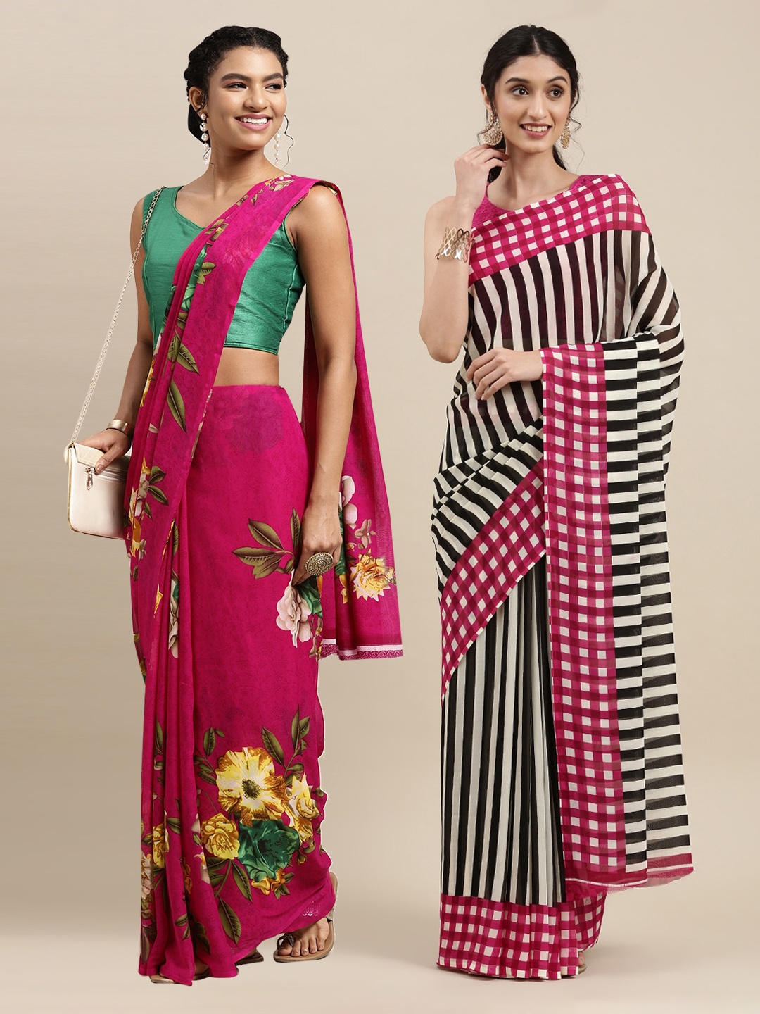 

KALINI Pink & Black Floral Printed Poly-Georgette Saree Pack Of 2