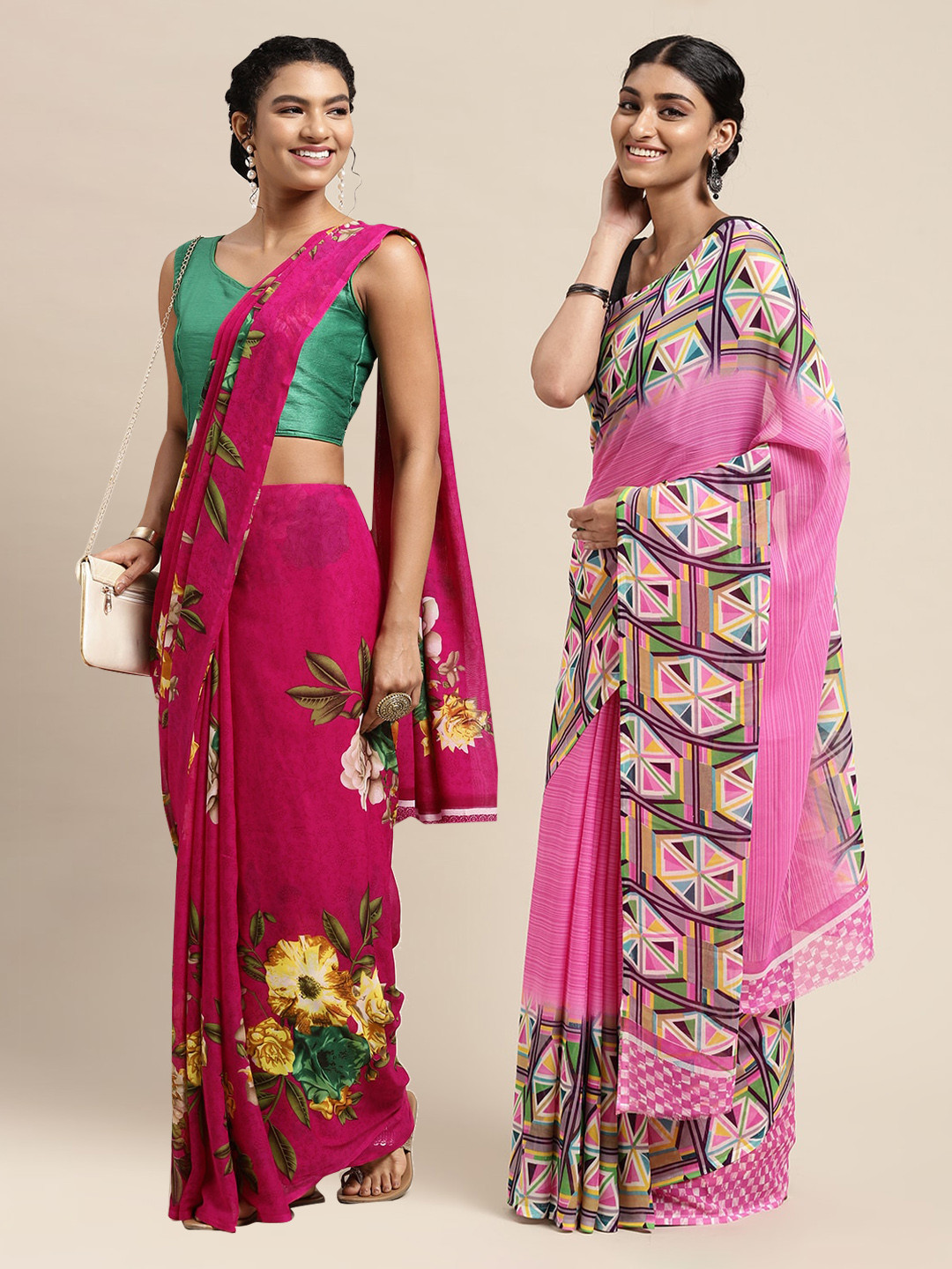 

KALINI Pack of 2 Pink & Rose Floral Sarees