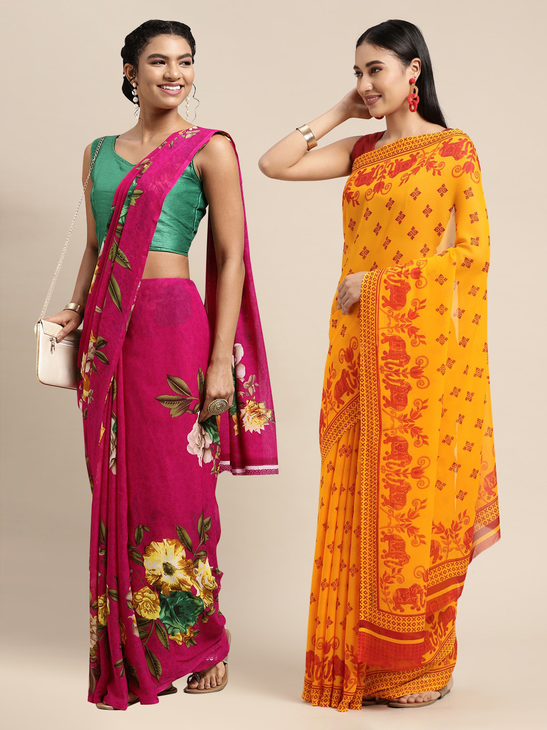 

KALINI Pack Of 2 Pink & Yellow Floral Printed Saree