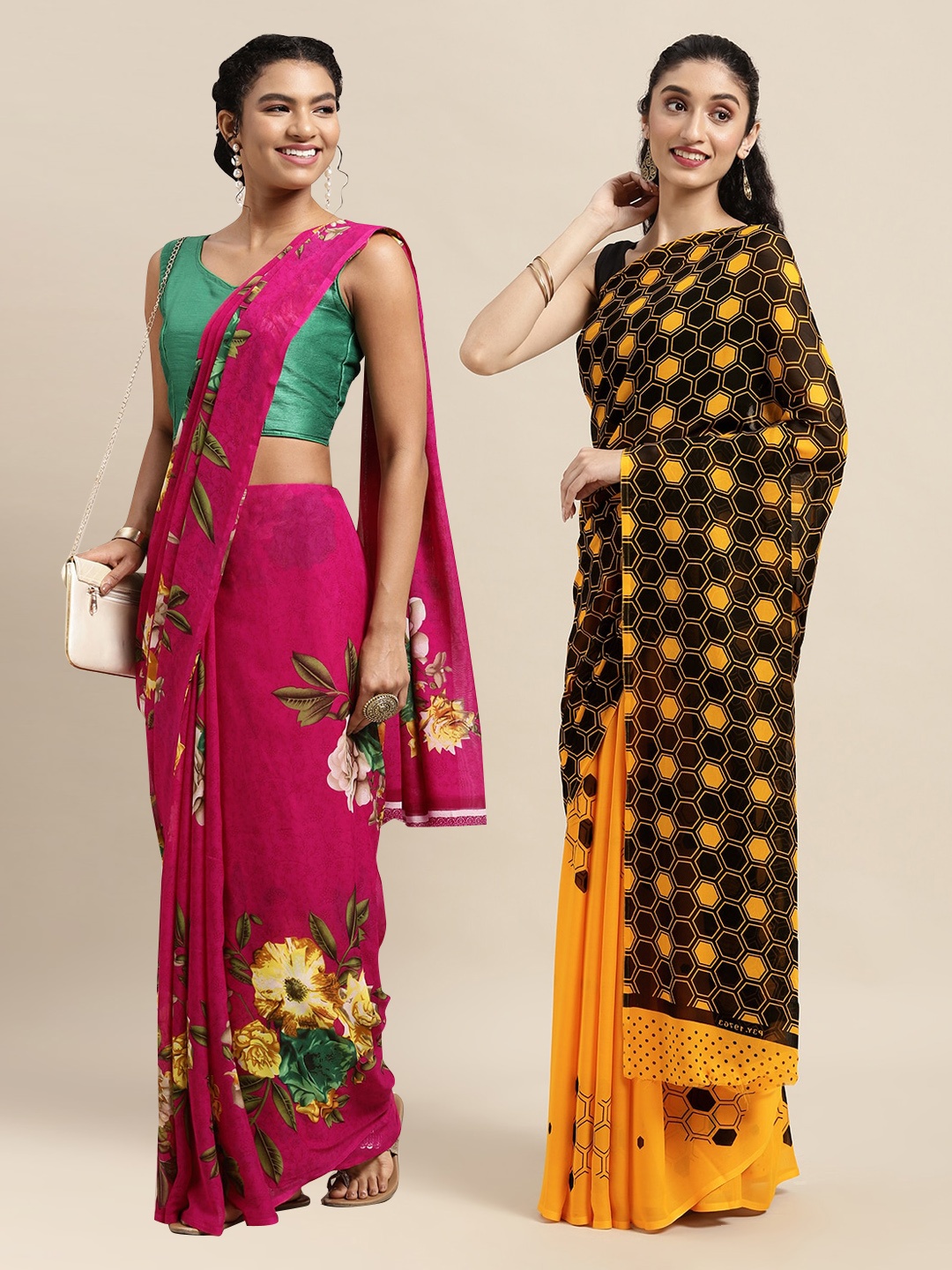 

KALINI Pack of 2 Fuchsia & Black Printed Sarees