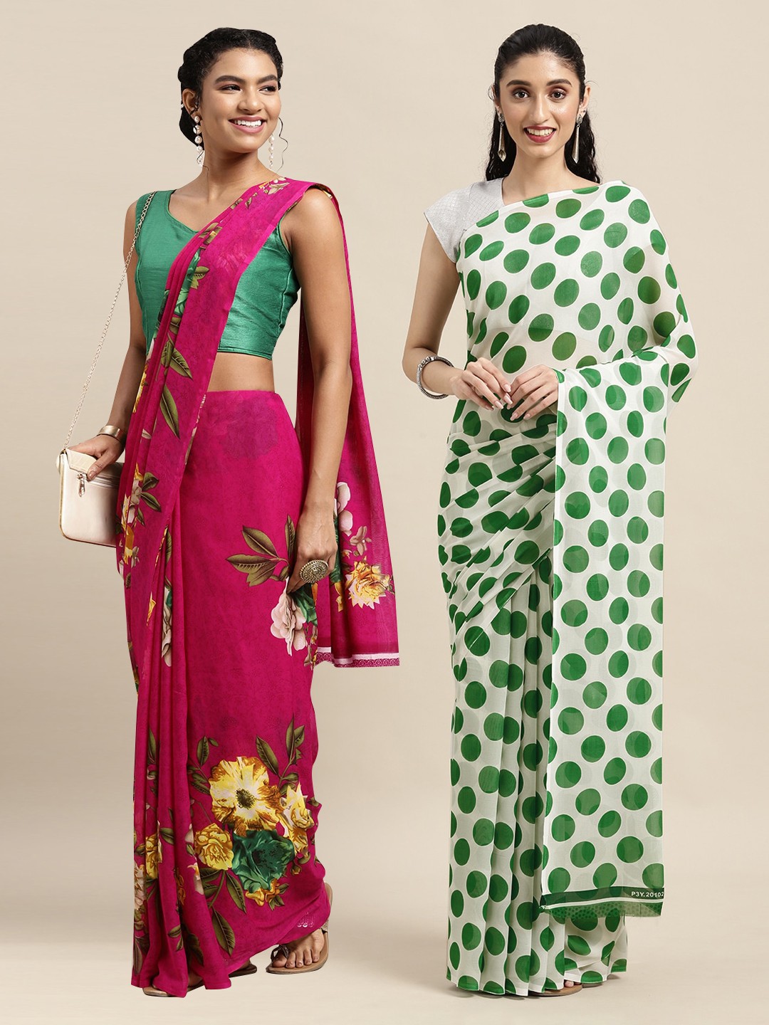 

KALINI Pack of 2 Pink & Green Printed Poly Georgette Sarees